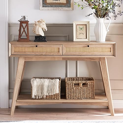 OKD Mesa consola moderna de mediados de siglo con cajones de almacenamiento de ratán natural mesa de entrada bohemia con estante abierto mesa de disponible en Yaxa Guatemala