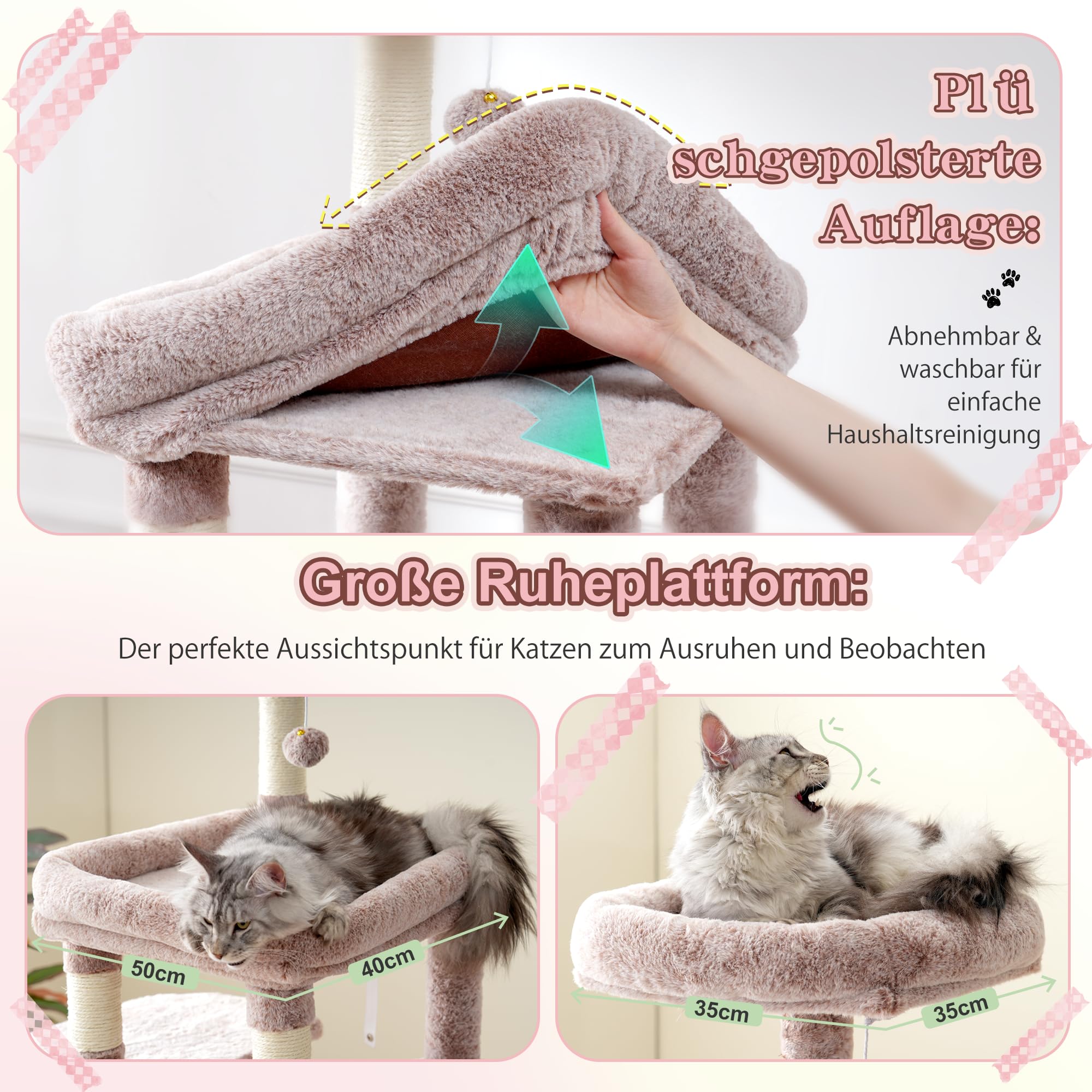 Heybly Kratzbaum, 180 cm Kratzbaum Groß mit extrem Stabiler Basis, XL-Plattform, großes Katzenhaus, 2 Hängematten, mehrstöckige Katzenmöbel für Maine Coon und andere Großkatzen, Braun-beige HCT037MU