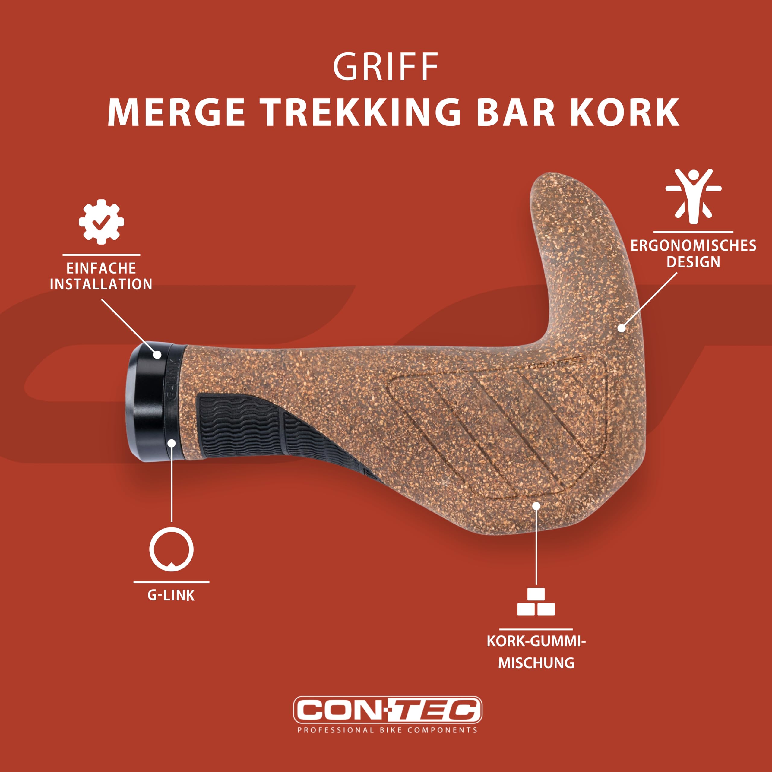 CONTEC Fahrrad-Griffe Merge Trekking Bar Kork, Länge 140mm, D3-Dreikomponenten, G-Link System, Ergonomisch, Stoßdämpfend, mit BarEnds, braun, Paar
