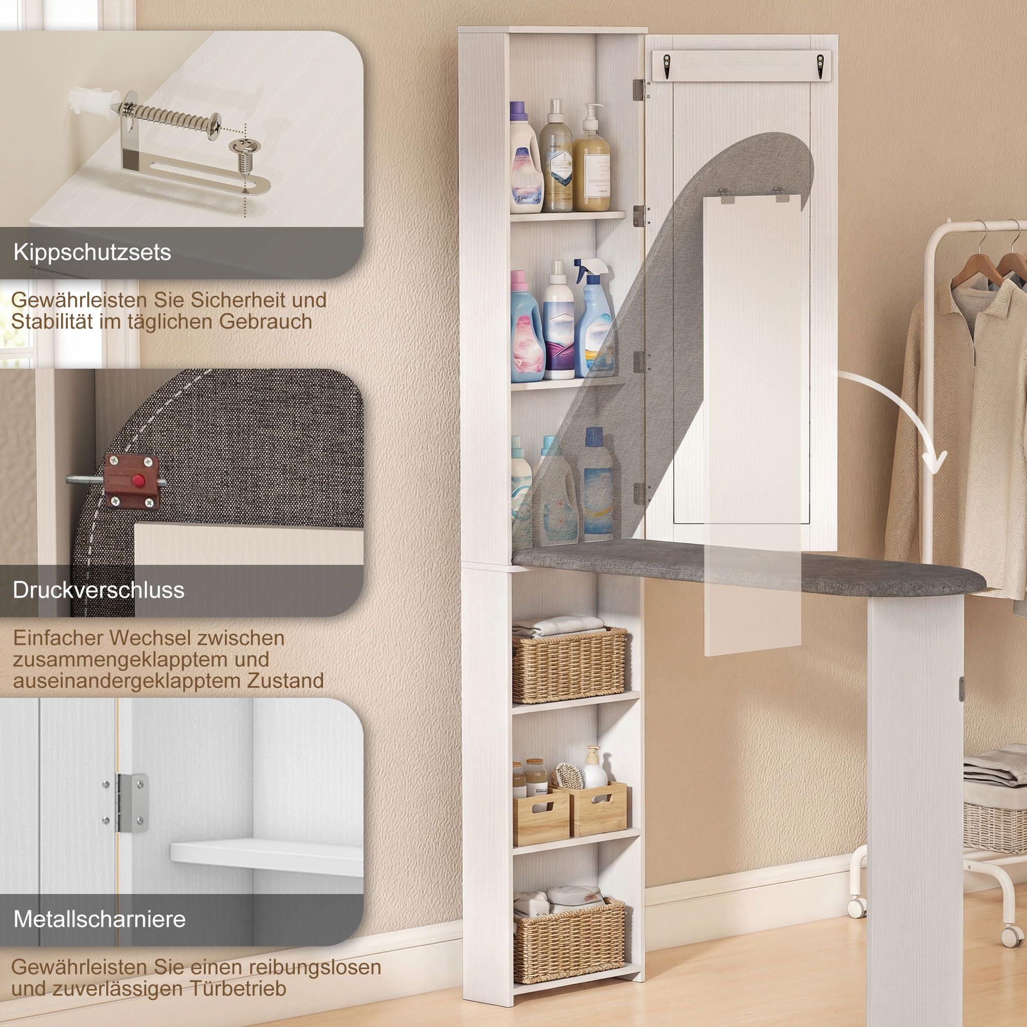 HOMCOM Armadietto pieghevole per asse da stiro con porta, scaffali interni, specchio, salvaspazio, per la cura della biancheria, per lavanderia o piccoli spazi, 106 x 35 x 174 cm, bianco