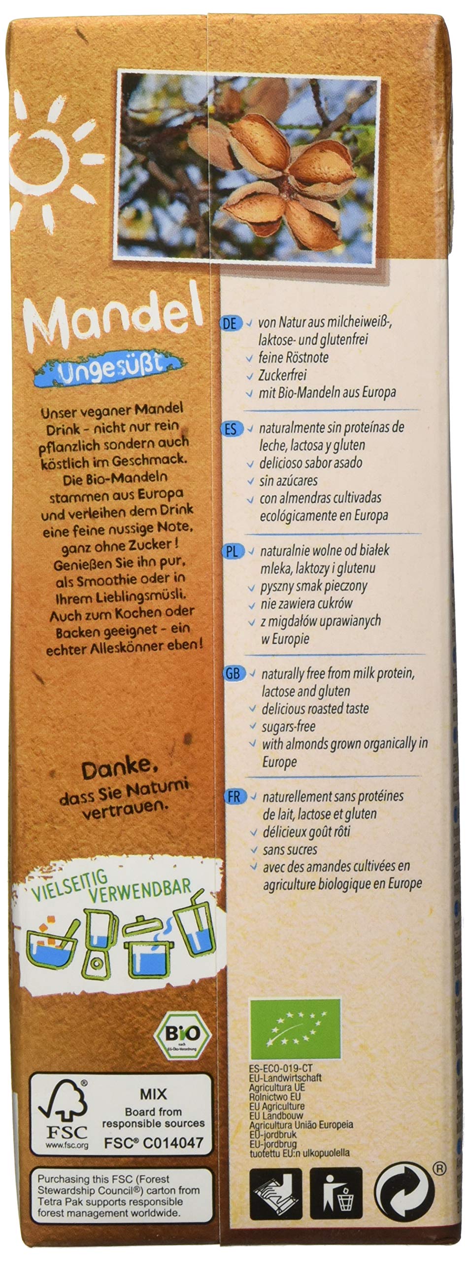 Natumi Mandeldrink Ungesüßt Bio Vegane Milchalternative, Nuss, 1 ltr (6er Pack)