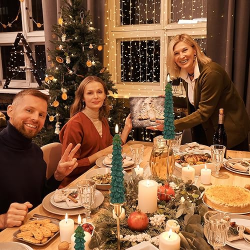 Miniatura 6 de Velas de árbol de Navidad con temporizador remoto, 4 velas cónicas cerosas sin llama parpadeantes, candelabros LED a pilas con mecha de llama 3D,