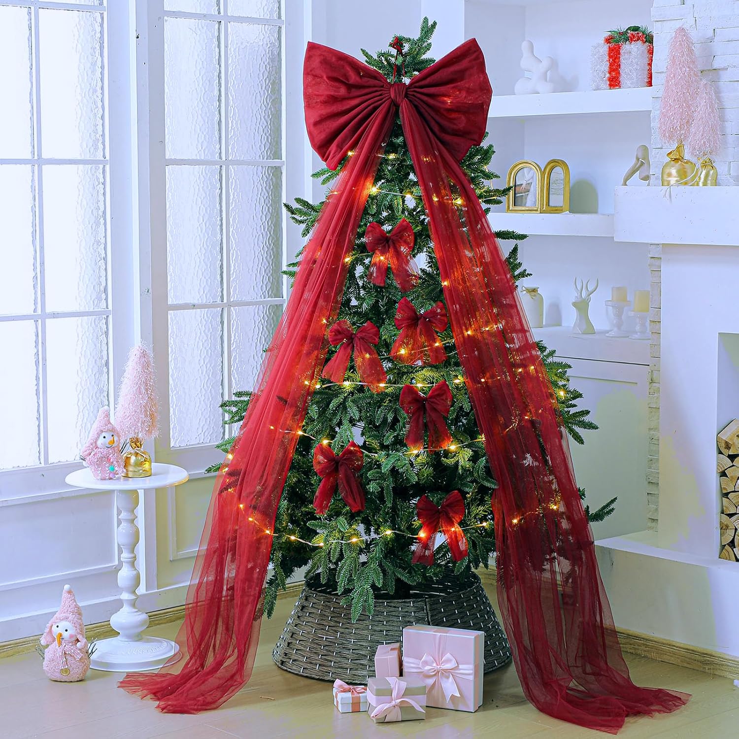 Extra Large Mesh Christmas Tree Topper Bow 21.65 x 78.74 in with 12 Small Mesh Bow Decor Christmas Tree Topper Wreath Bows for Xmas Home Wedding Car Holiday Decor Supplies(Light Pink)