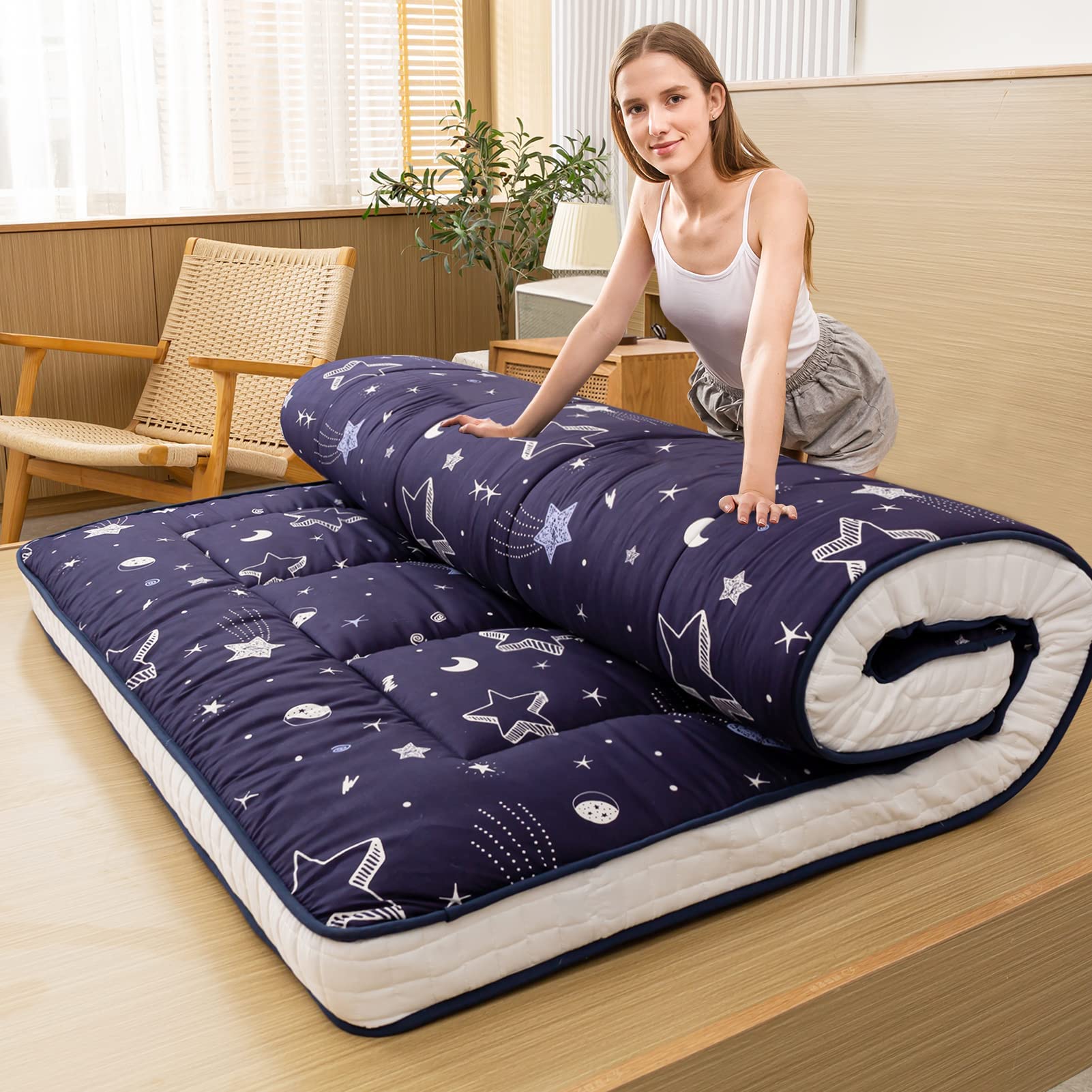 MAXYOYO Futon Mattress, Navy Star Japanese Floor Mattress Portable Quilted Bed Mattress, Extra Thick Folding Sleeping Pad Breathable Floor Lounger Guest Bed for Camping Couch, Full