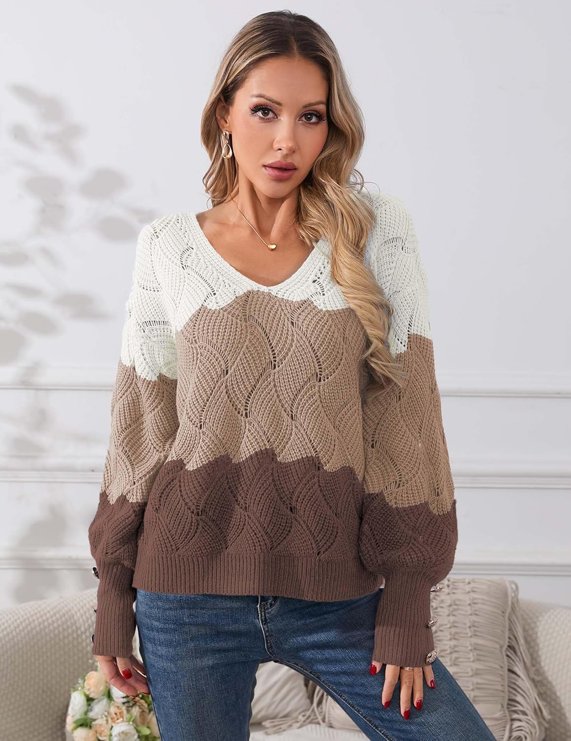 Womens Oversized Cute Color Block Button Sweater Spring 2026 Lightweight Crochet Knit Sexy V Neck Pullover Top - Image 2
