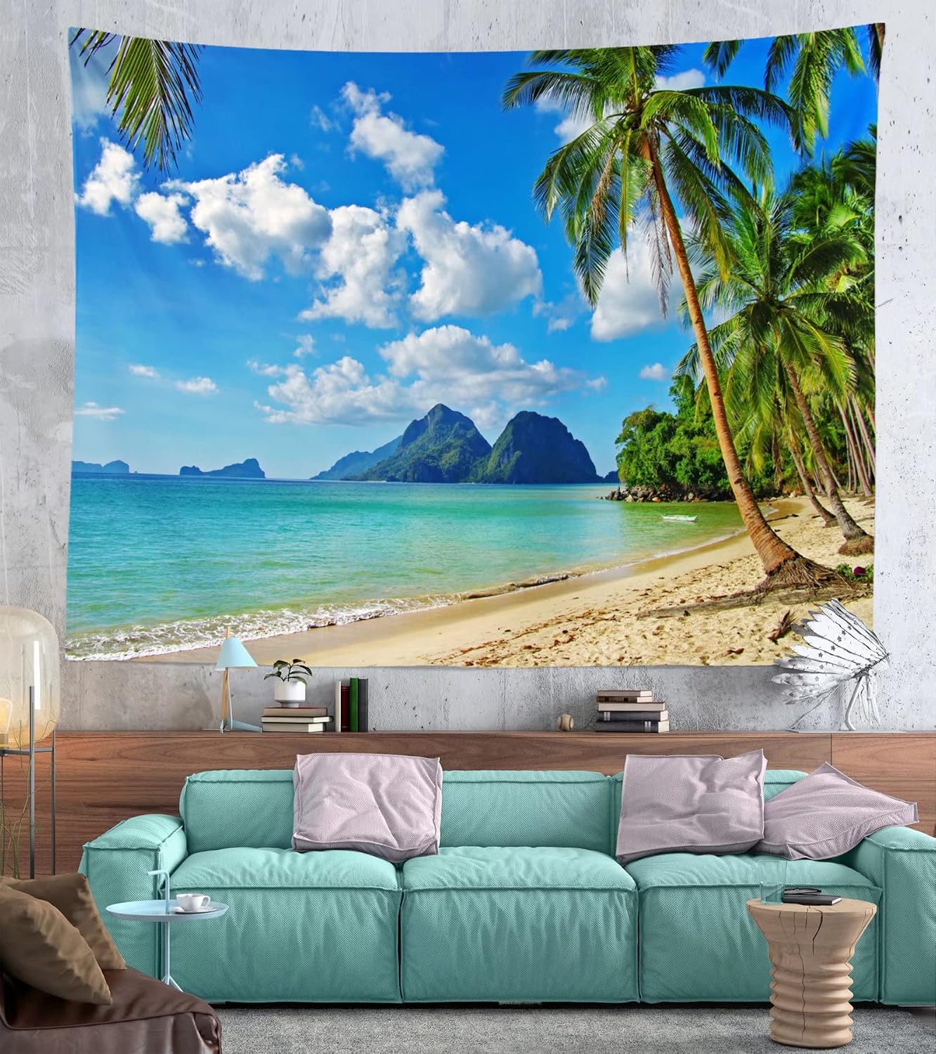 Loccor Ocean Beach Tapestry 80Wx60H Inch Tropical Seaside Island Palm Tree Waves Wall Tapestry Summer Hawaii Paradise Landscape Wall Hanging Hippie Bohemian Wall Art for Living Room Bedroom Home Decor
