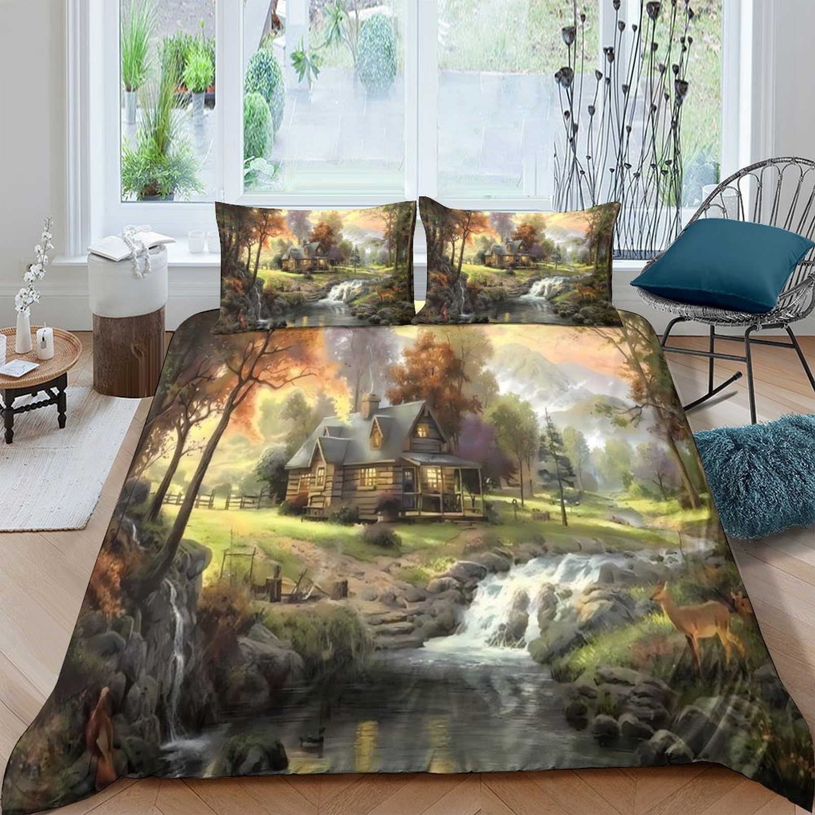 Ctjqhvkz Style-5 3D Printed Cottage Landscape Fitted Sheet Microfiber Breathable Autumn Forest Bed Cover For Bedroom And Guest Room Single（135X200cm）