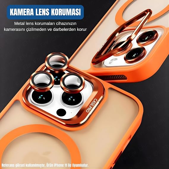 Ehr. iPhone 11 ile Uyumlu Magsafe Wireless Şarj Özellikli Kamera Standlı Lüks Mat Silikon Kılıf [Lens Koruyucu Hediyeli] (Turuncu, iPhone 11)