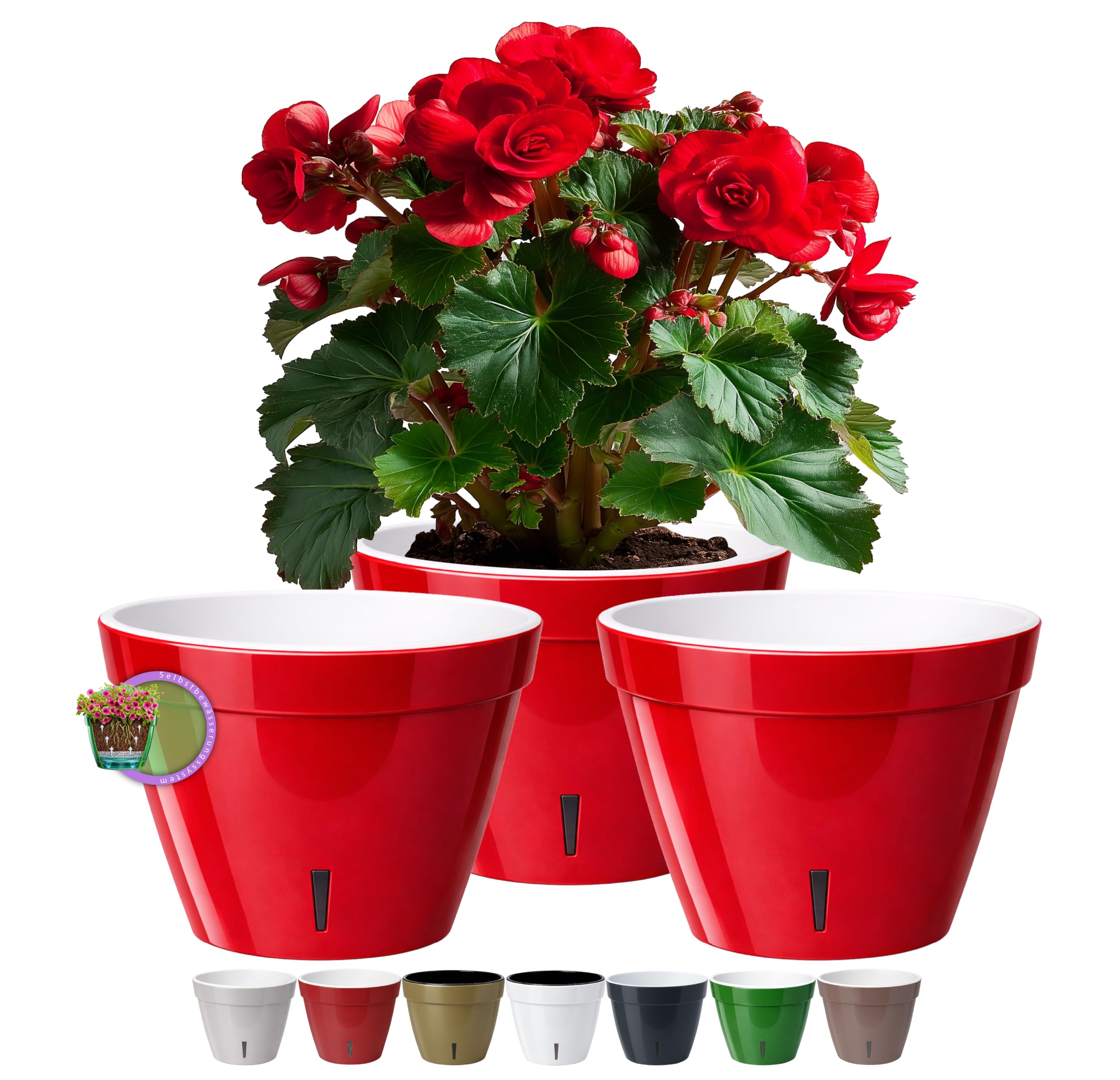 Santino ASTI - Set di 3 vasi autoirriganti da 34 cm con indicatore del livello dell'acqua per piante, fiori, erbe aromatiche (Ø 34 cm, H 28 cm, 18L - RED-Pearl/Bianco)