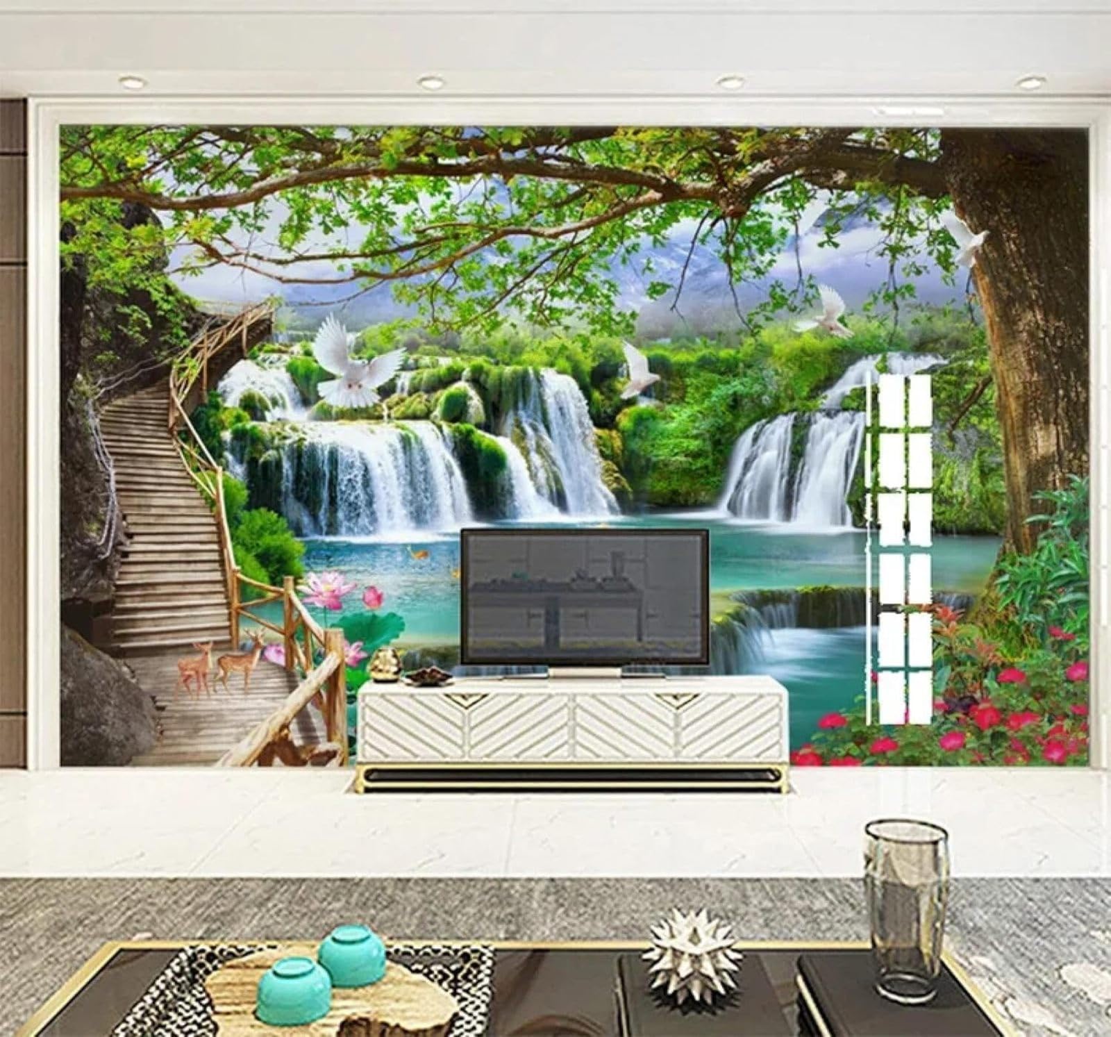 Tzxztt Fresh Green Landscape Waterfall Natural Scenery Modern 3D Wallpaper Premium Textured Silk Neutral Tones Material Ideal for Living Room Bedroom-250cm×170cm