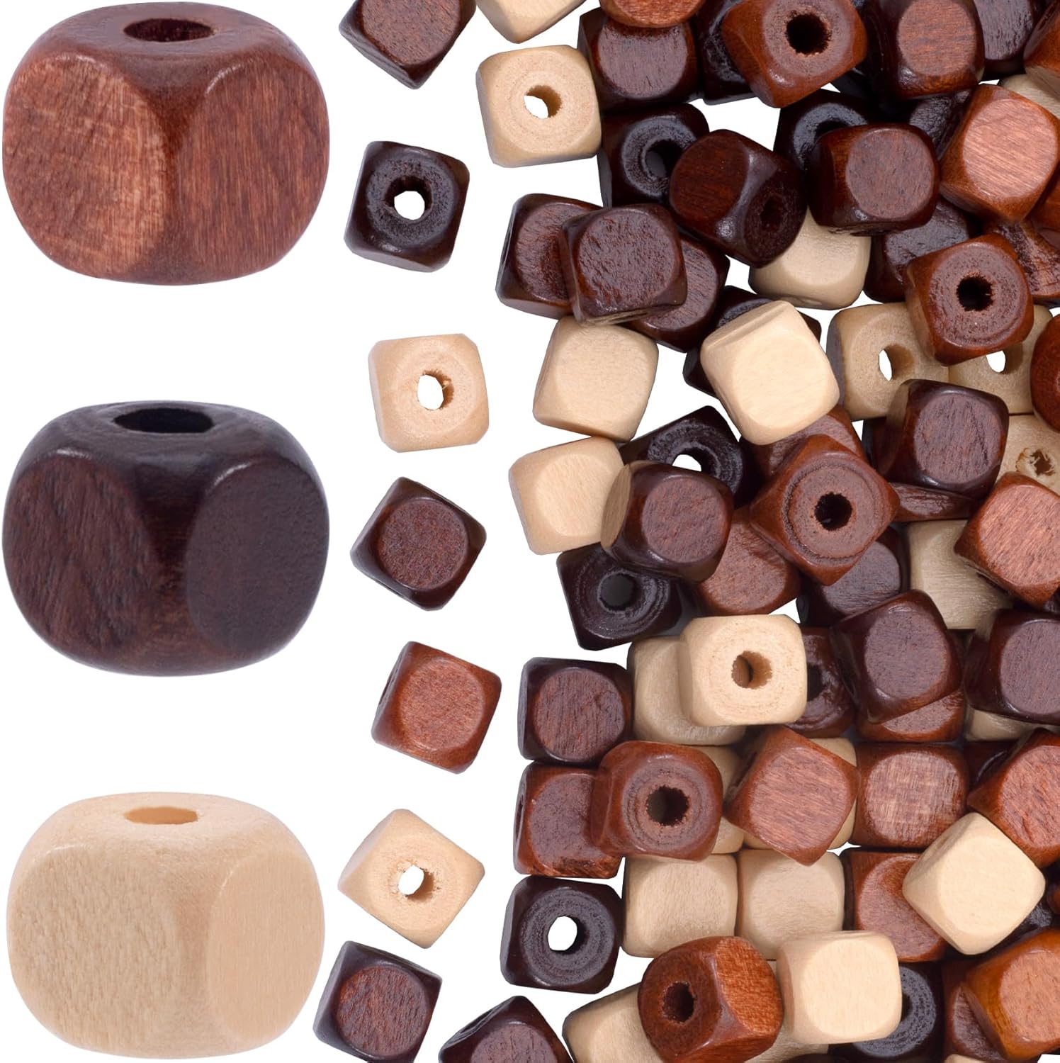 150pcs 10mm Wooden Beads for Crafts, Large Hole Natural Square Wood Hair Bead, Vintage Wooden Spacer Accessories for Macrame Necklace Bracelet DIY Decor- Dark Coffee & Beige & Light Coffee