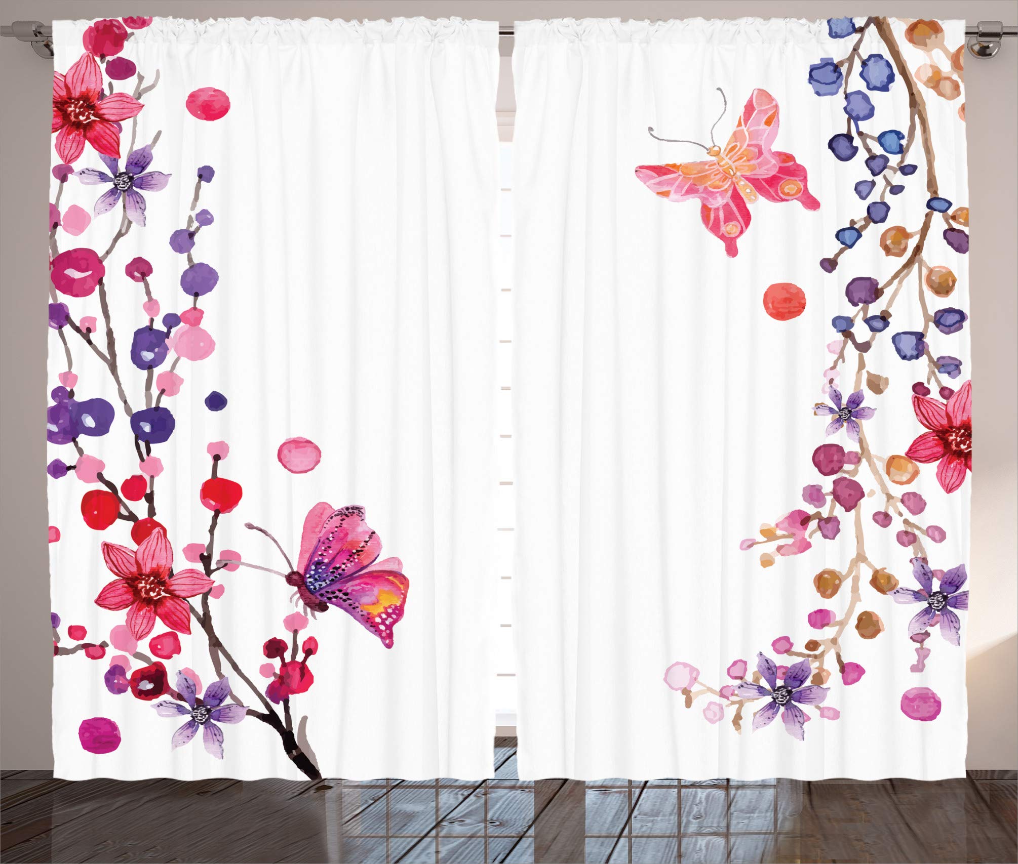 sheer curtains Floral Art and Butterfly Curtain 63 inch length,Living Room Bedroom Window Drapes 2 Panel Set 63" W x 63" L