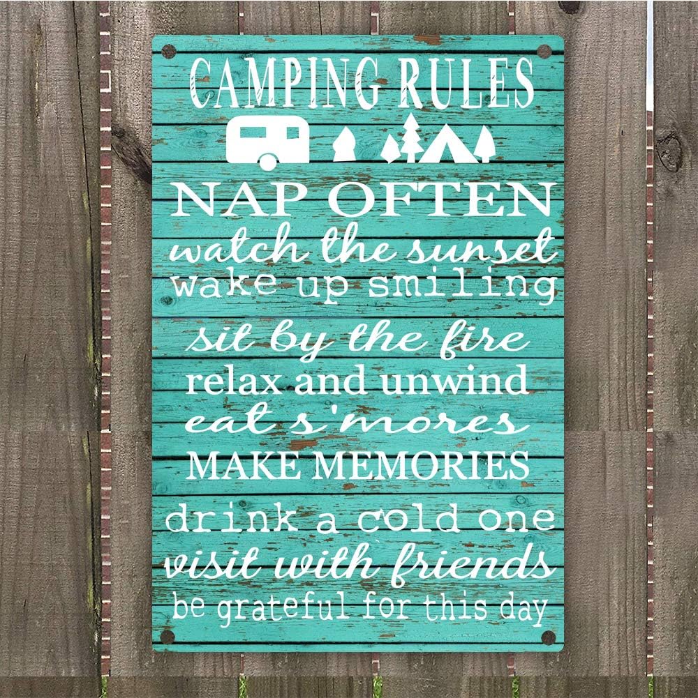 Camping Rules Vintage Retro Metal Sign wall art 8” x 12”, decoration hunting camper room