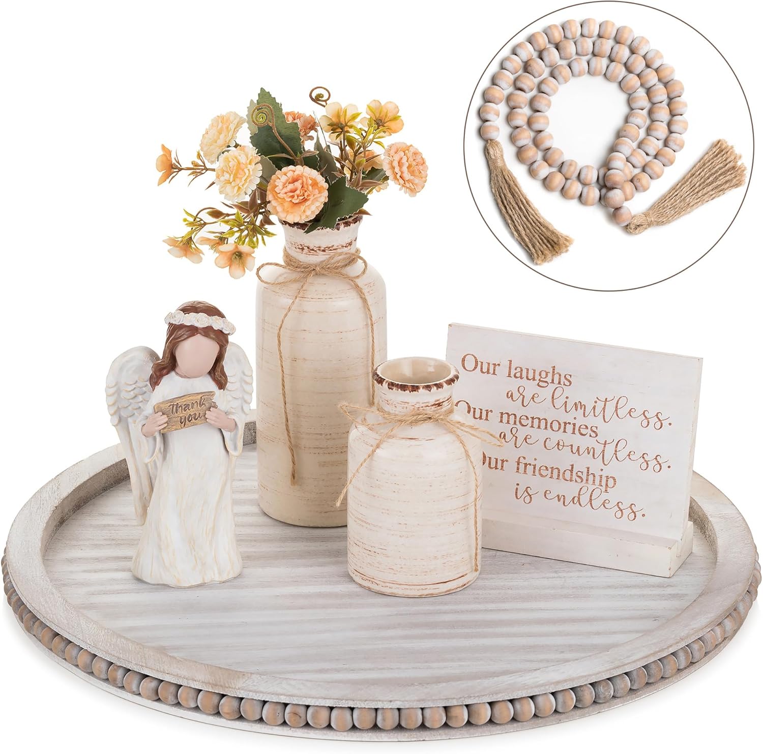 Hanobe Large Round Decorative Beaded Tray: Wood Coffee Table Tray with Beaded Garland Decor Set Rustic White Washed Circle Wooden Farmhouse Tray Decor for Counter Ottoman Centerpiece Candle Holder 45cm/17.7" Whitewashed