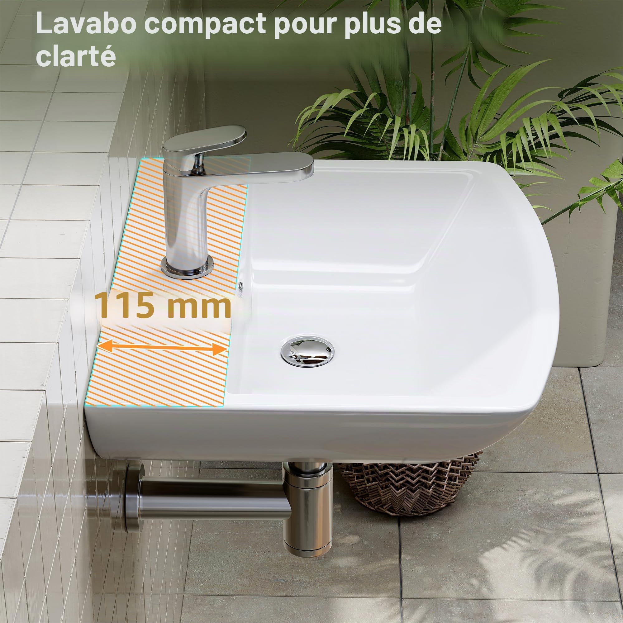 HOROW Lavabo de salle de bain petit avec trop-plein - Lavabo à poser - Pour salle de bain d'invités - Lavabo suspendu - Lavabo mural avec trou pour robinet - En céramique - Blanc - 50 cm