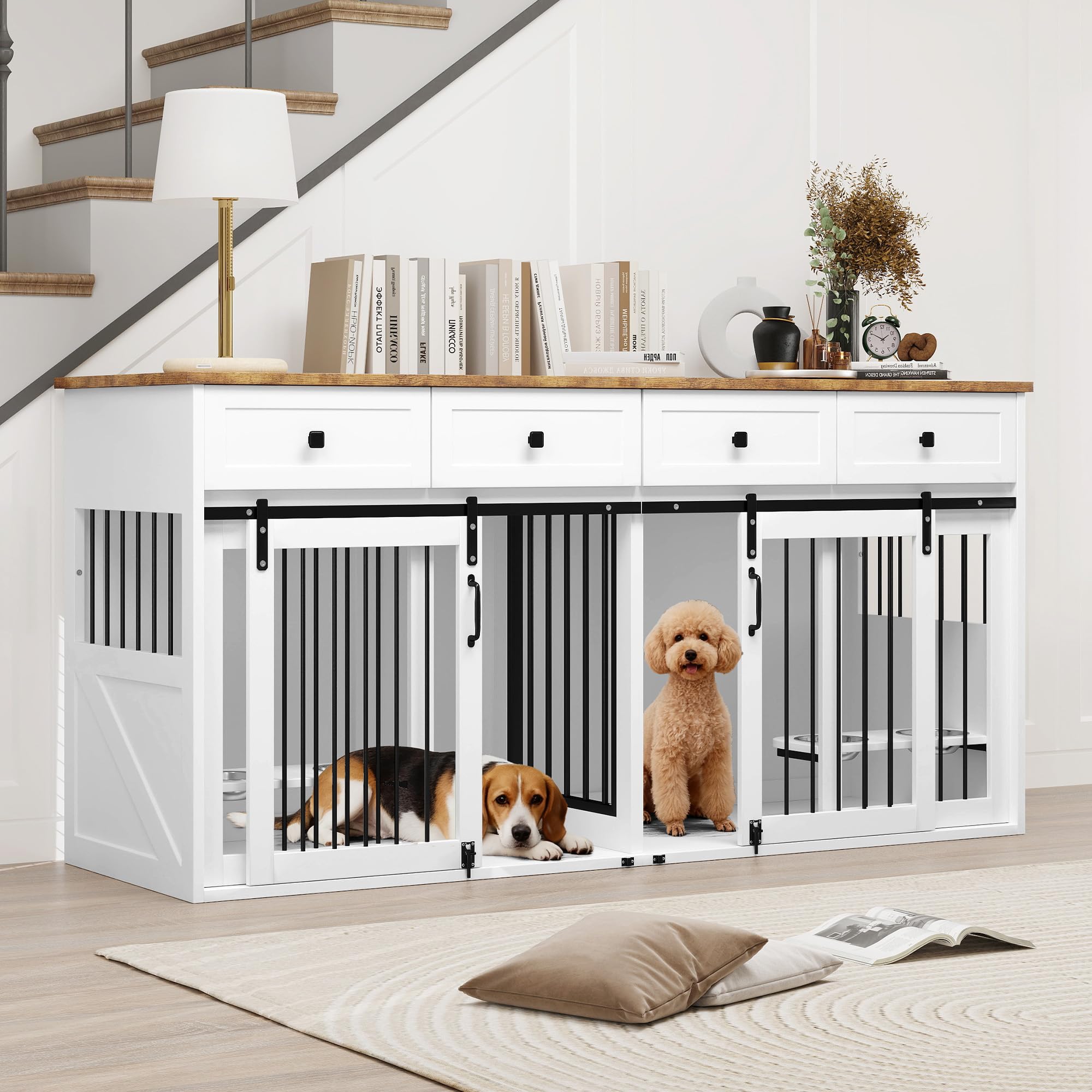 Cage pour Chien Wlince 180 cm (71 po) pour 1 ou 2 Chiens avec Porte coulissante,Cage Robuste pour Chiens de Petite et Moyenne Taille avec 4 gamelles, Structure en Acier,Blanche
