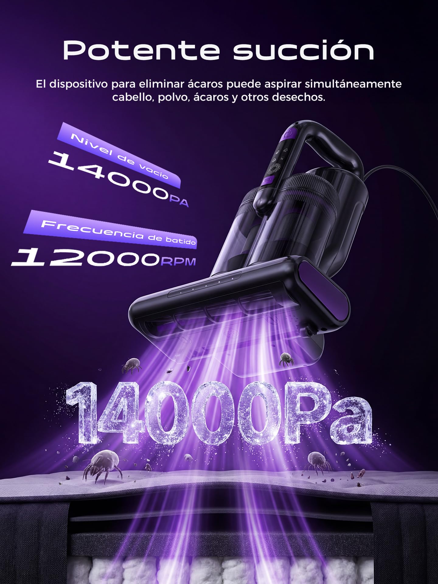 Aspiradora Antiacaros,14000PA Aspiradora de Mano con Luz UV-C,Aire Caliente,Ultrasonidos y Filtro HEPA, Aspirador para Colchón, Sofá, Tapicería y Alfombras, Alérgicos, Mascotas y Bebés–Cable 4 Metros
