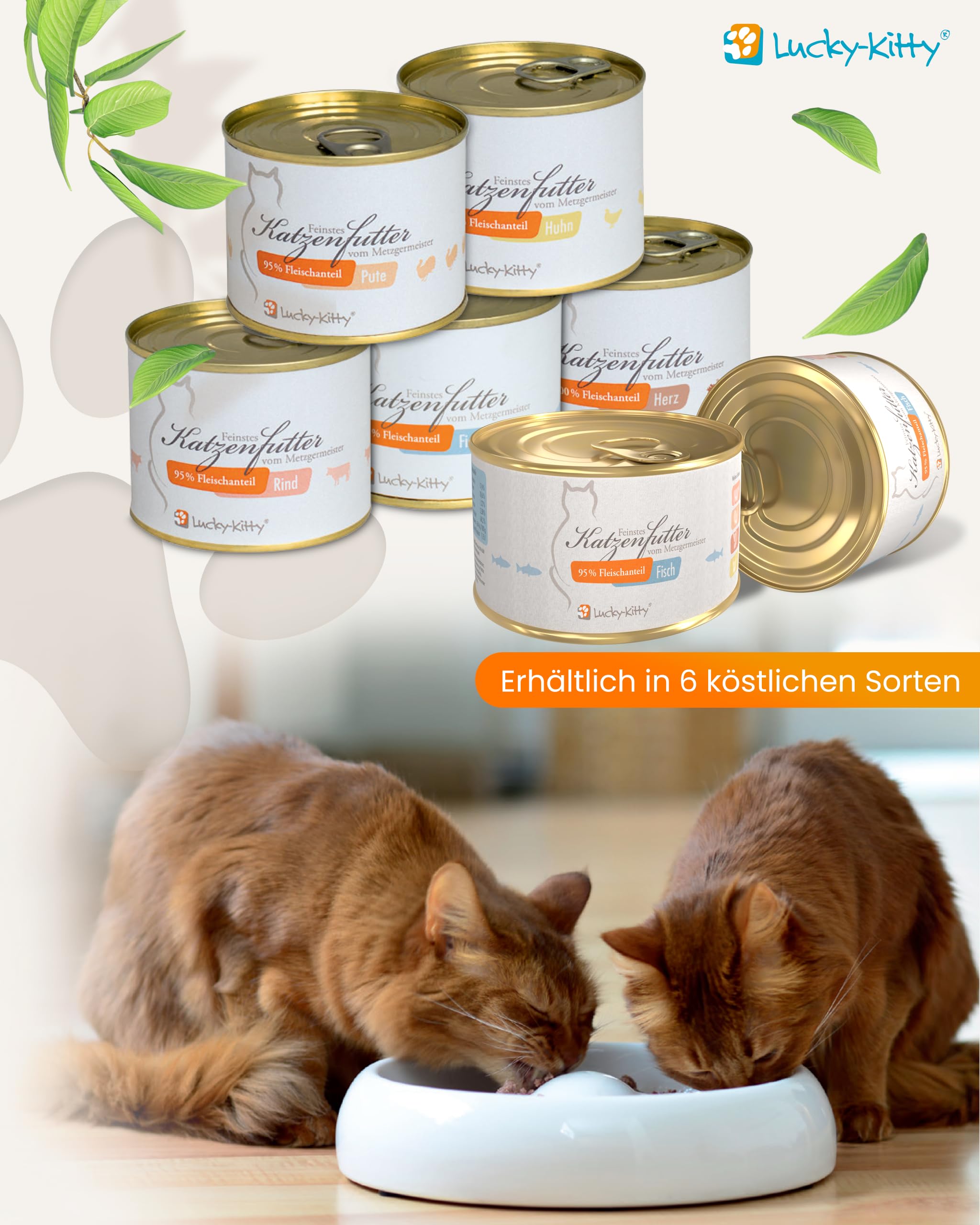 Lucky-Kitty Katzenfutter Nass, 95% ganzer Hering, Monoprotein, 16x200g | Ohne Getreide & Zucker, Lebensmittelqualität, Für Katzen & Kitten, Hering aus der Nordsee, Ohne Zusätze, Made in Germany