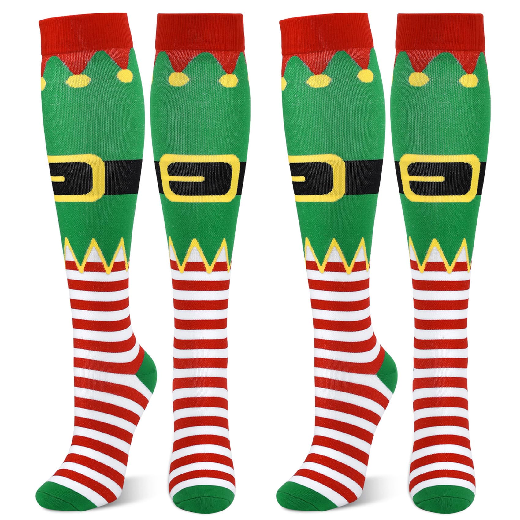 SubestyChristmas Knee High Socks, 2 Pairs Xmas Elf Compression Stockings 15-20 mmhg, Crazy Holiday Striped Long Tube Socks