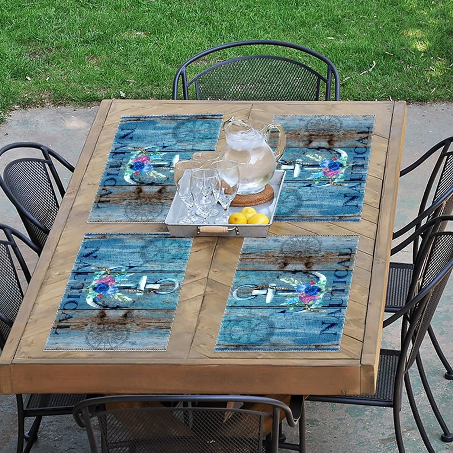 Nautical Anchor Rustic Vintage Table Placemats Set of 6 Summer Blue Ocean Theme Wood Grain Nautical Coastal Starfish Beach Nav Table Mat Heat Resistant Place Mats Dining Placemats Dining Table