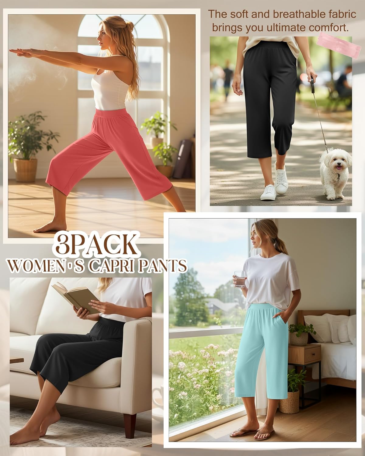 Huukeay 3 Pack Women's Capri Sweatpants, Cozy Wide Legs Cropped Capri with Pockets, Lounge Jogger Pants Workout Yoga Solid - Image 2