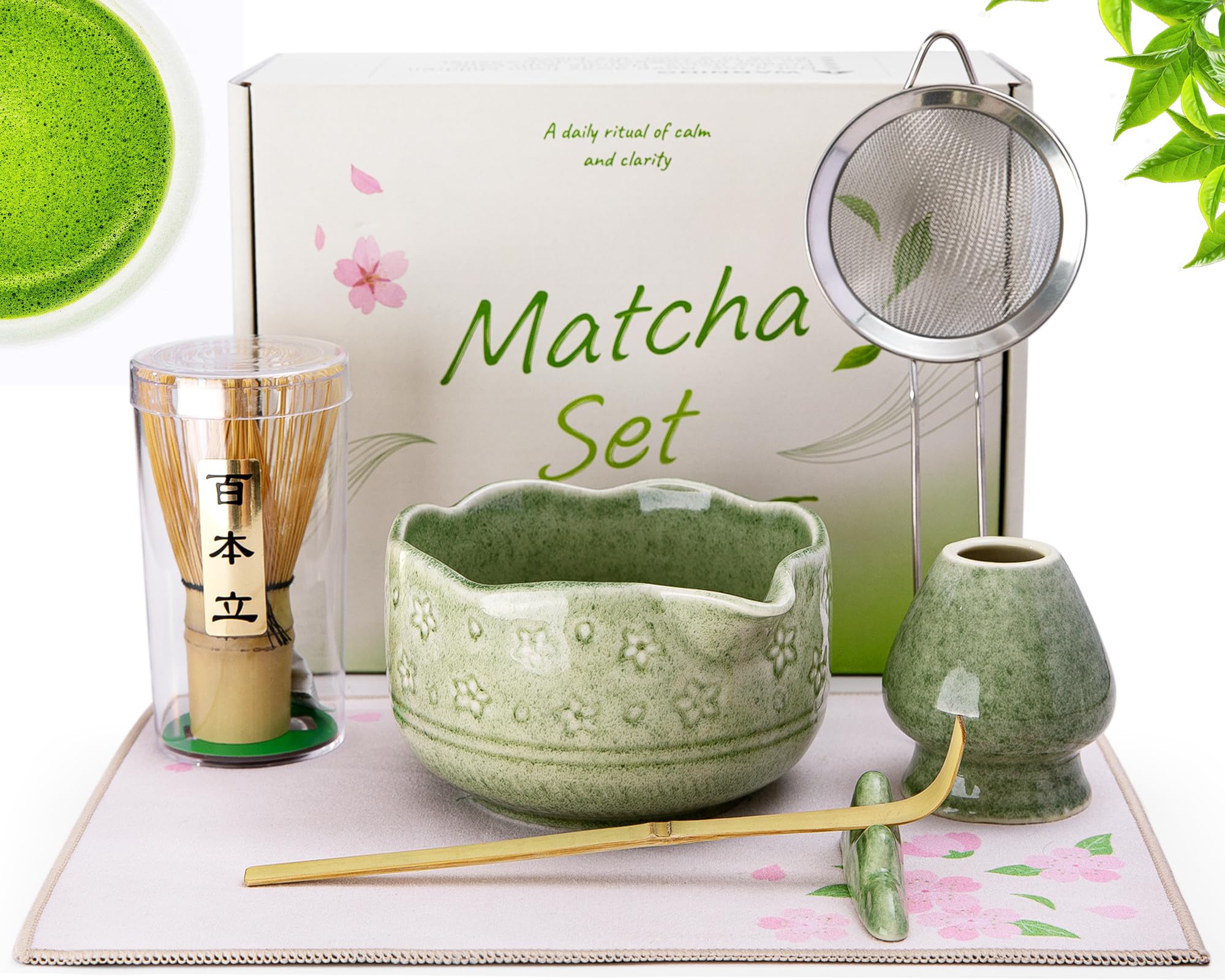 7-teiliges Keramik Matcha Set mit Matcha Besen, Besenhalter, Matcha Schüssel mit Auslauf, Matcha Löffel, Löffelhalter, Edelstahlsieb, Teetuch - Geschenk für Matcha-Anfänger und -Liebhaber