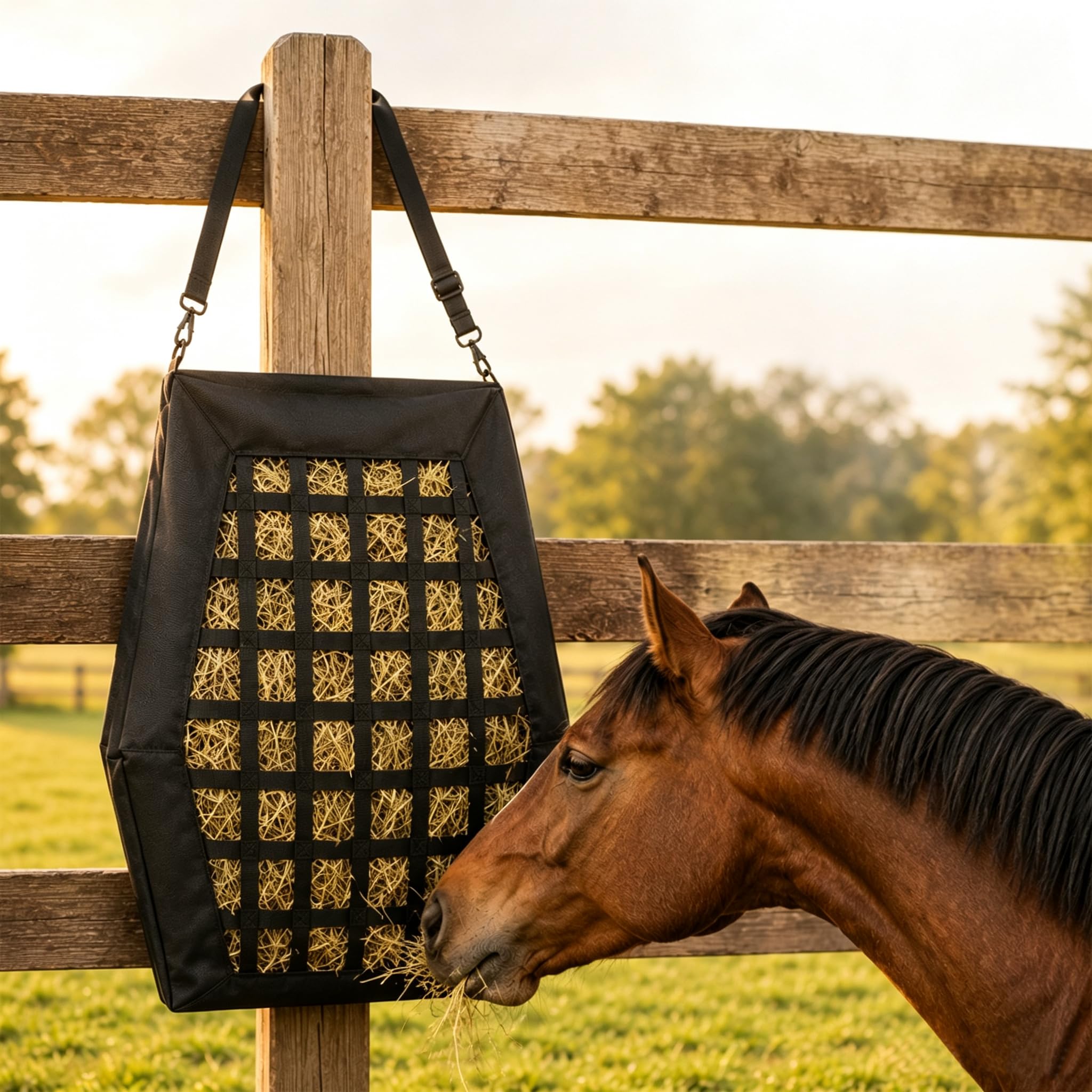 Heusack für Pferde mit 6cm Löchern, Heutasche Futterbeutel Haybag Slow Feeder, Heunetz für Pferde aus robust & wetterfest Oxford, Heuraufe Pferd mit Bodenriemen und Metallhaken, bis 10 kg Heu