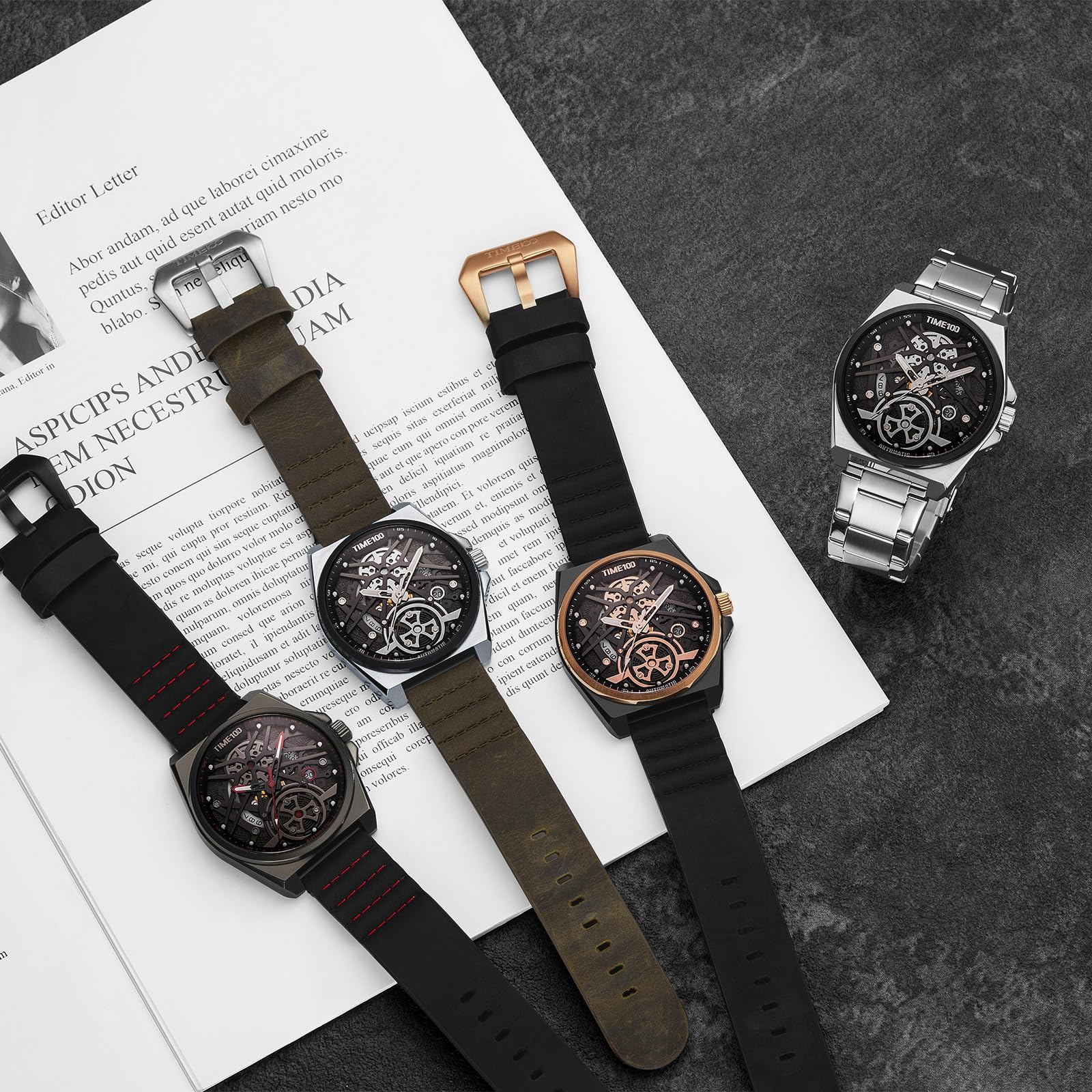 TIME100 Orologio Uomo Automatico Scheletrato Rettangolare/Rotondo Pelle Vera 30M