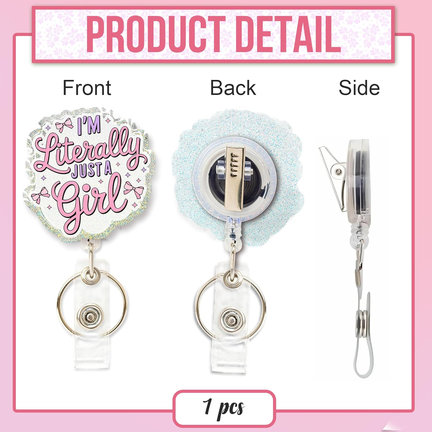 I'm Literally Just a Girl Badge Reel – Cute Pink Nurse ID Holder with Glitter Bow – Retractable 24" Swivel Clip – Funny Gift for Nurses, Women, Students, Office Staff - Image 5