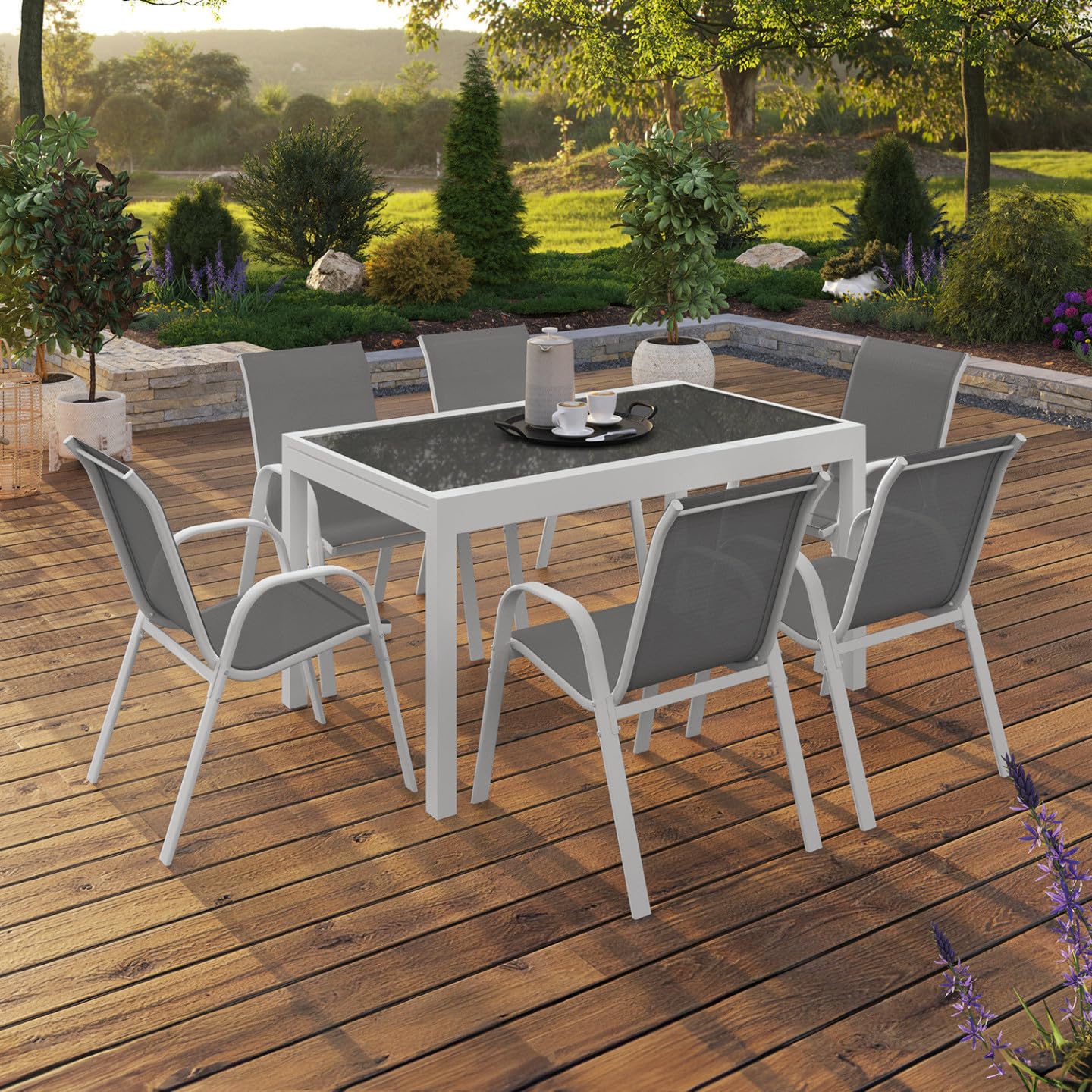IDMarket - Salon de Jardin Madrid Table Extensible 135-270 CM et 12 chaises empilables Blanc et Gris