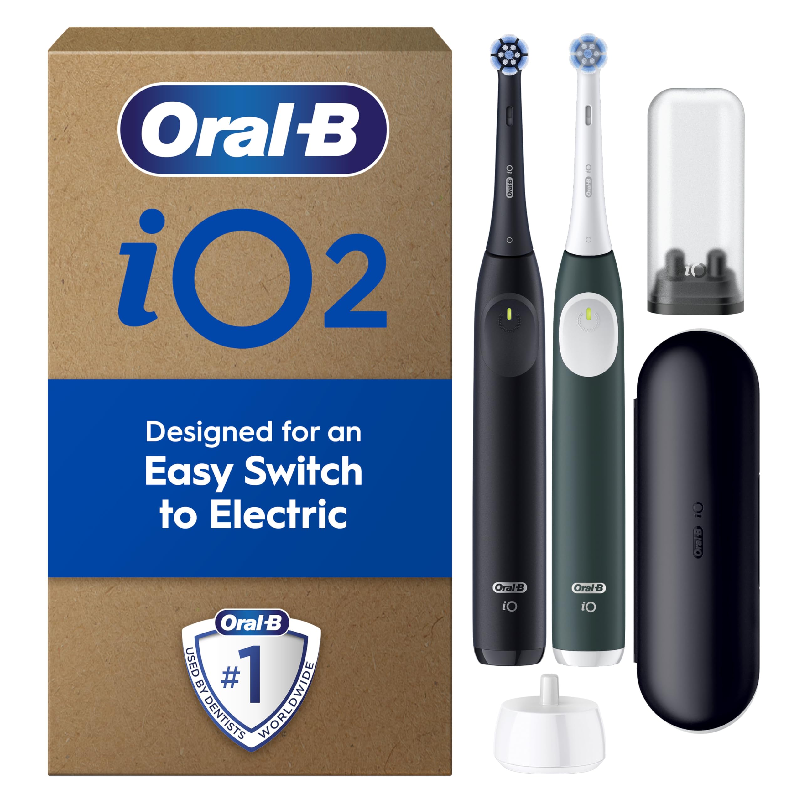 Oral-B iO2 Duo Night Black and Forest Green Electric Toothbrushes, 2 Toothbrush Heads, 1 Travel Case, 1 Travel Refill Holder, Designed by Braun Black & Green 1 count (Pack of 2)