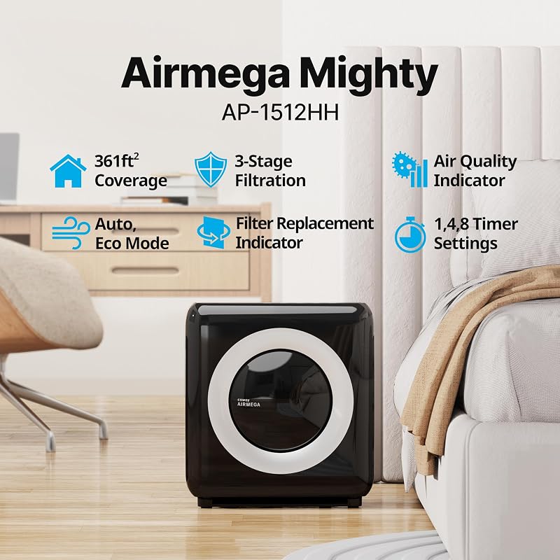 COWAY Air Purifier for Home Up to 1,748ft², HEPA Filter for Smoke, Allergies, Pet Dander, Odor, Air Quality Monitor, Auto&Eco Mode, Timer, Filter Indicator, 3yr Warranty, Mighty AP-1512HH, Black image 2