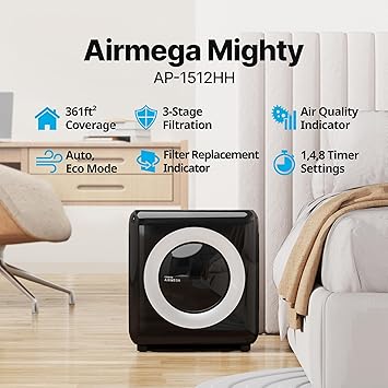 Coway AP-1512HH Mighty Air Purifier with True HEPA and Eco Mode, black/silver, 16.8 x 18.3 x 9.6