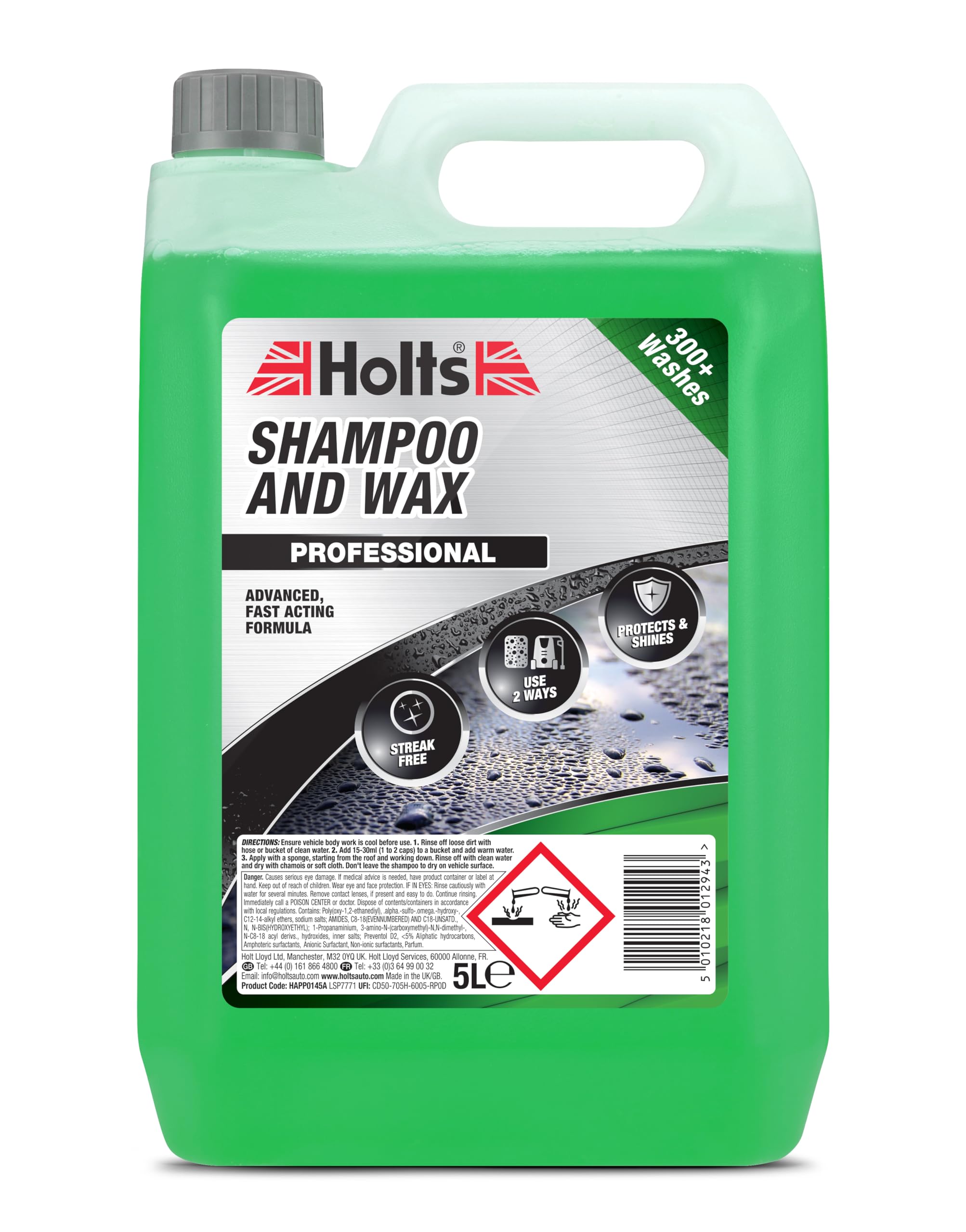 Holts Car Shampoo & Wax 5 L – High-Foaming Wash & Wax for Cars – Cleans & Protects Paintwork – Up to 300 Washes – Easy-Rinse Car Wash Shampoo Leaves Gloss & Water-Beading Finish