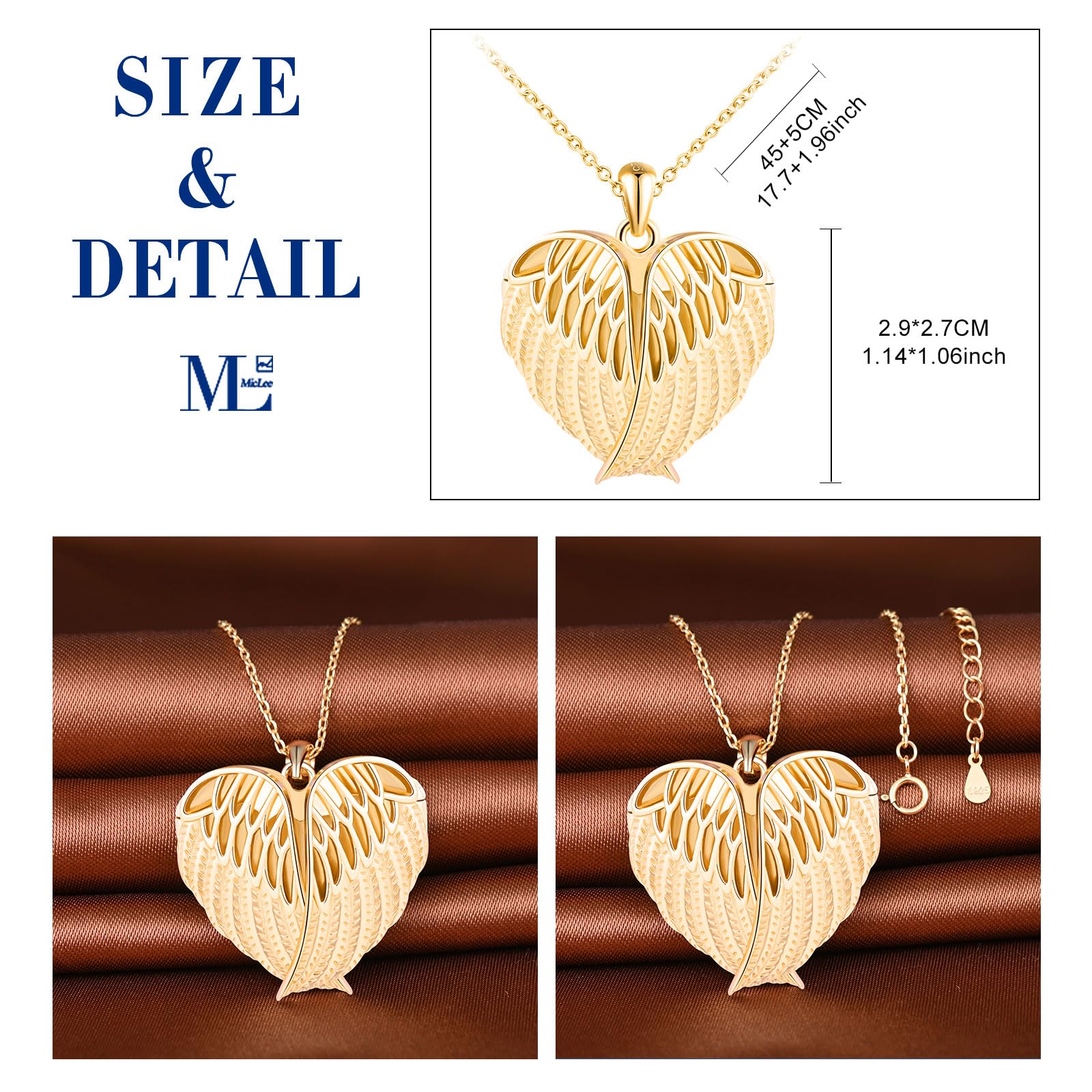 MicLee Collar Foto Corazón Medallones de Plata 925 para Mujer Collares Colgantes Photo Openable Moda Colgante Corazón de Alas - Pluma Collar Souvenir