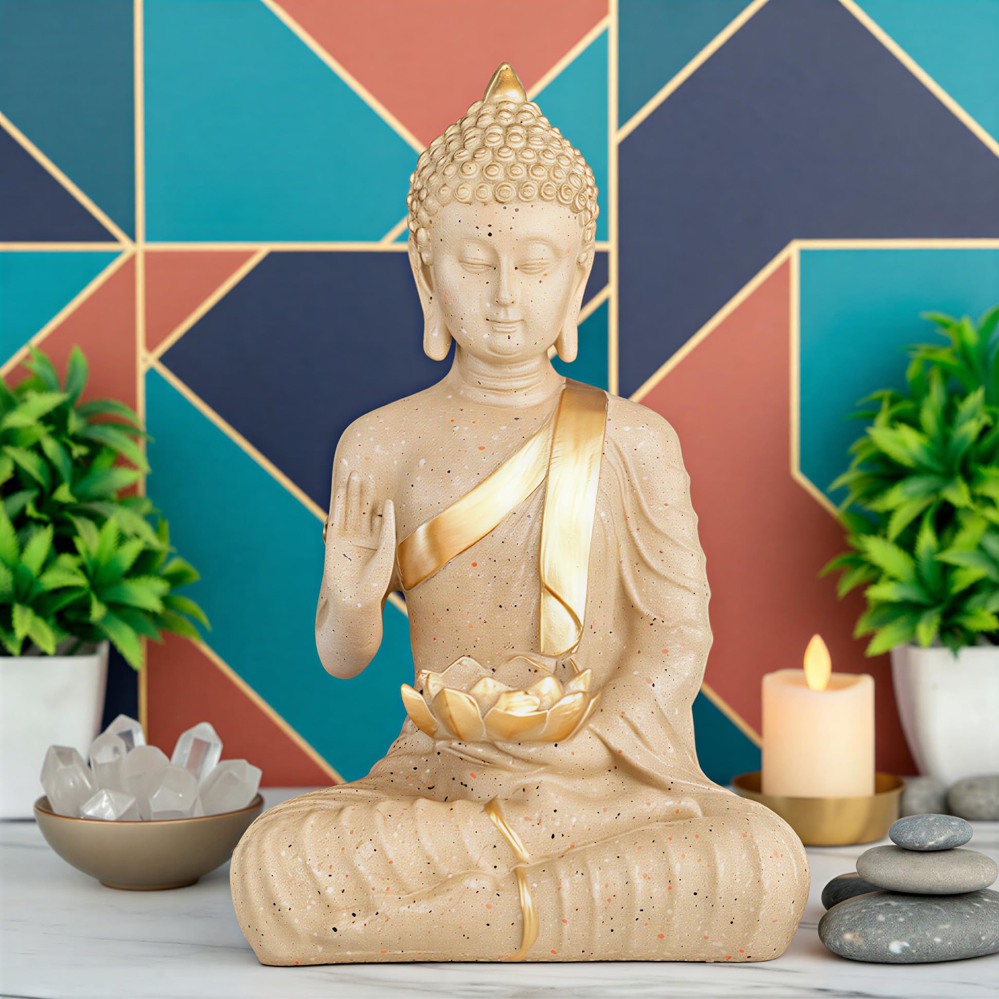 New Meditating Sitting Buddha Statue showpiece Idol Home Decor Items for Living Room and Gifts (Stone White, Medium)