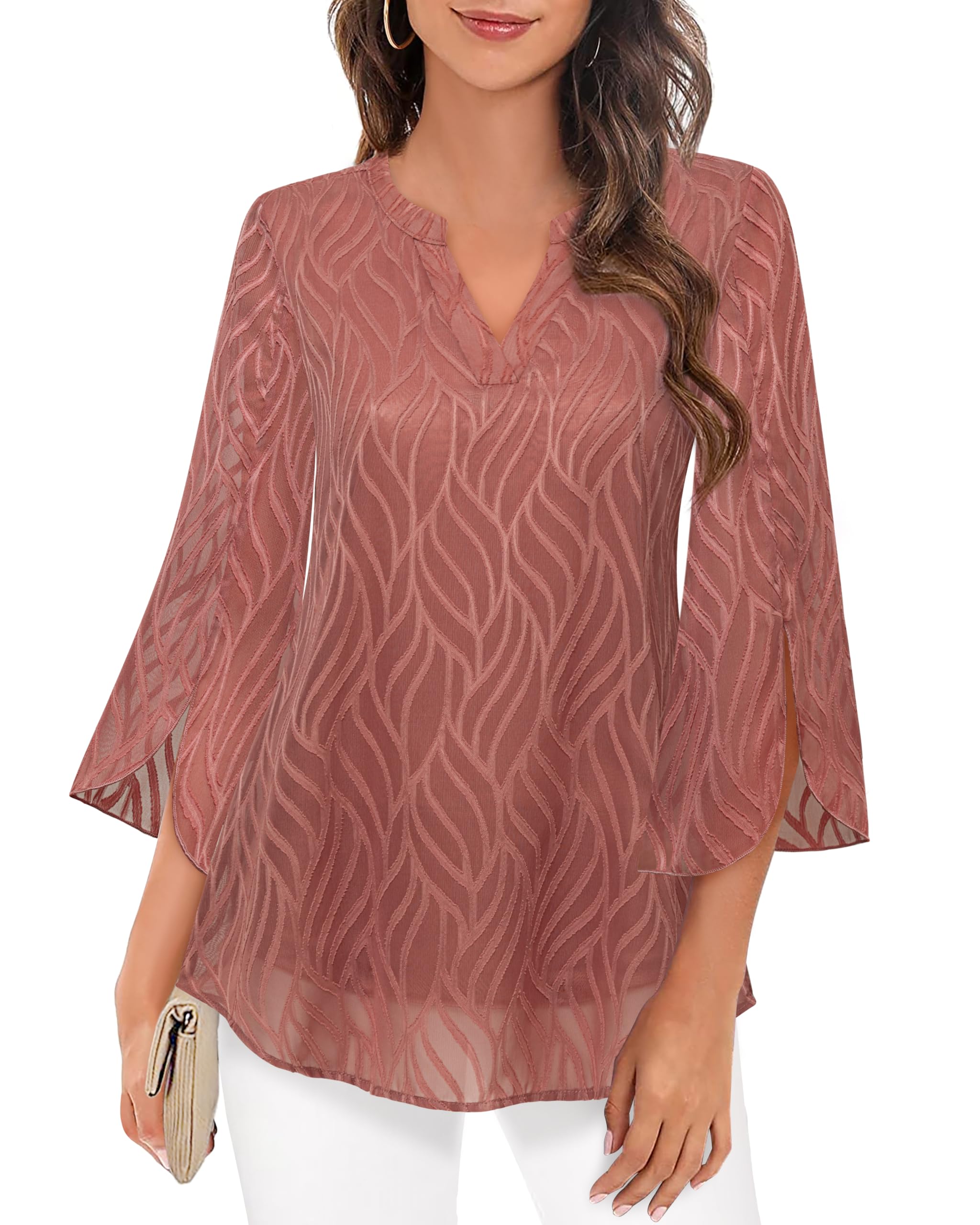 Timeson Womens 3 4 Sleeve Chiffon Blouse Shirt V Neck Dressy Tunic Tops