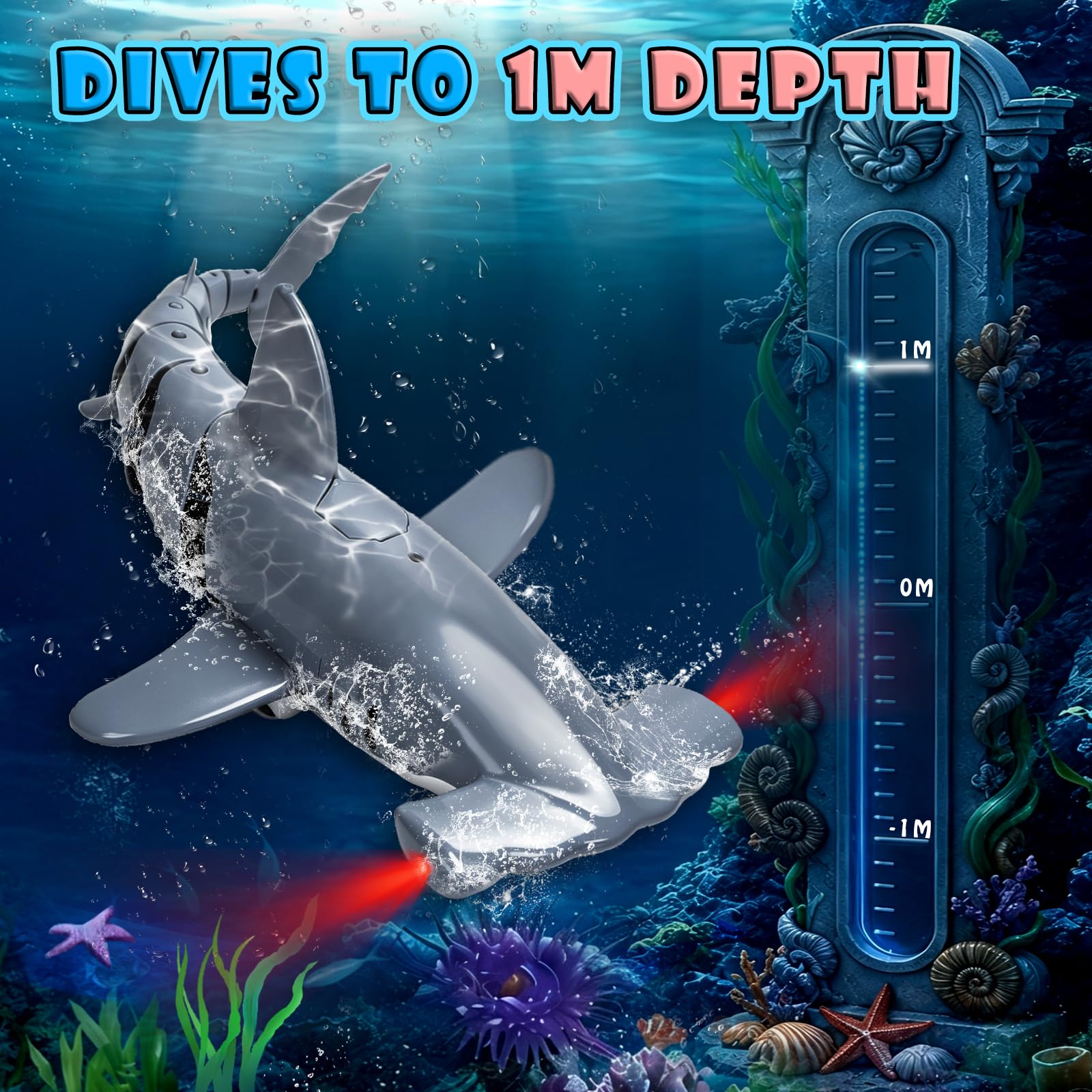 Tiburon Teledirigido Submersible, Tiburon Submarino Juguete 2.4GHz RC Tiburón con Luces LED para Piscinas, Lagos y Bañeras (Gris)
