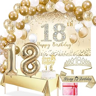 Trgowaul 18th Birthday Decorations Balloon Set Girls Arch, Gold 18th Birthday Banner and Party Tablecloth, Belt and Tiara, Gold 18th Balloon, 18 Years Old Birthday Cake Top, Latex Balloon * 60 - Buy now