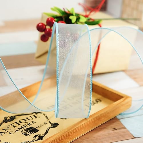 Miniatura 4 de CT CRAFT LLC Cinta de organza transparente con alambre de 1.5 pulgadas x 50 yardas, color azul para silla de boda, lazo, ramo de flora, envoltura de