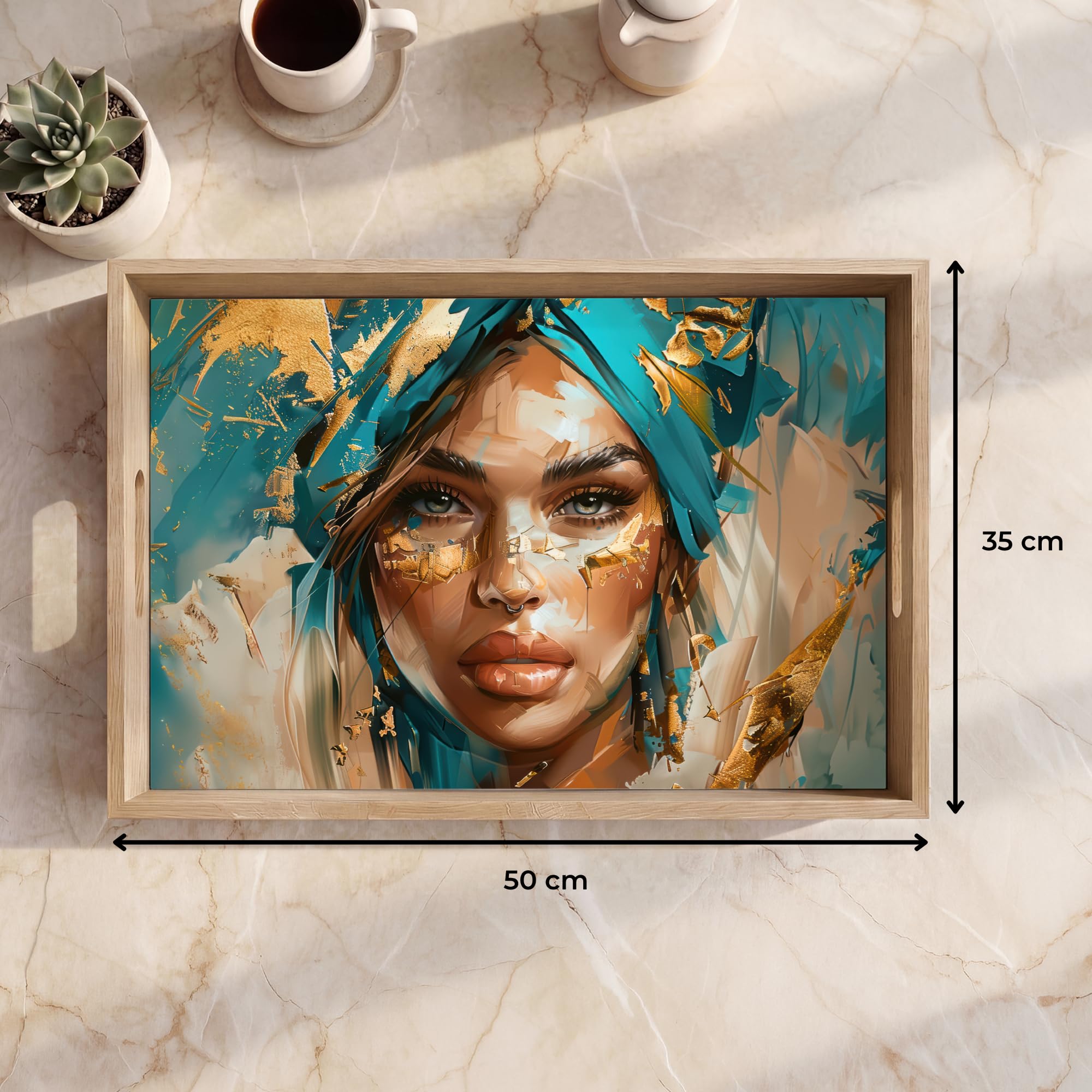Bandejas Rectangular 50x35 cm Bandeja Cafe Decorativa para Servir Comida Resistente Al Calor De Madera Desayuno Cocina Tabuleiro Mujer - Retrato - Oro - Lujo - Azul