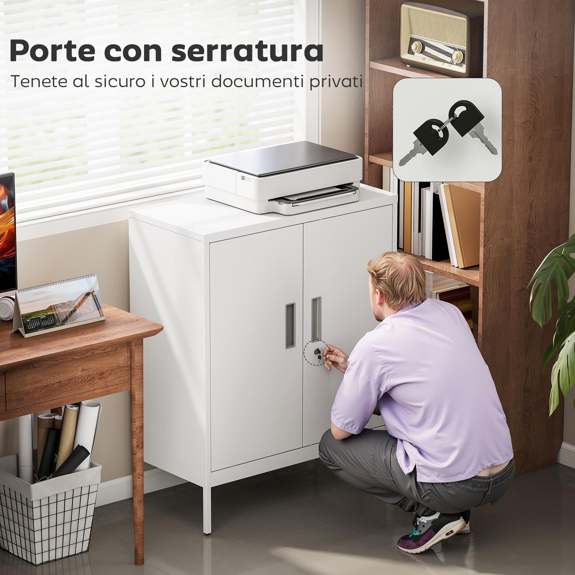 HOMCOM Armadio Portadocumenti a 2 Ante in Acciaio, Schedario da Ufficio con Ripiani Regolabile su 25 Livelli e Serratura, Mobiletto Multiuso Portaoggetti, per Ufficio Studio, 80x40x100 cm, Bianco