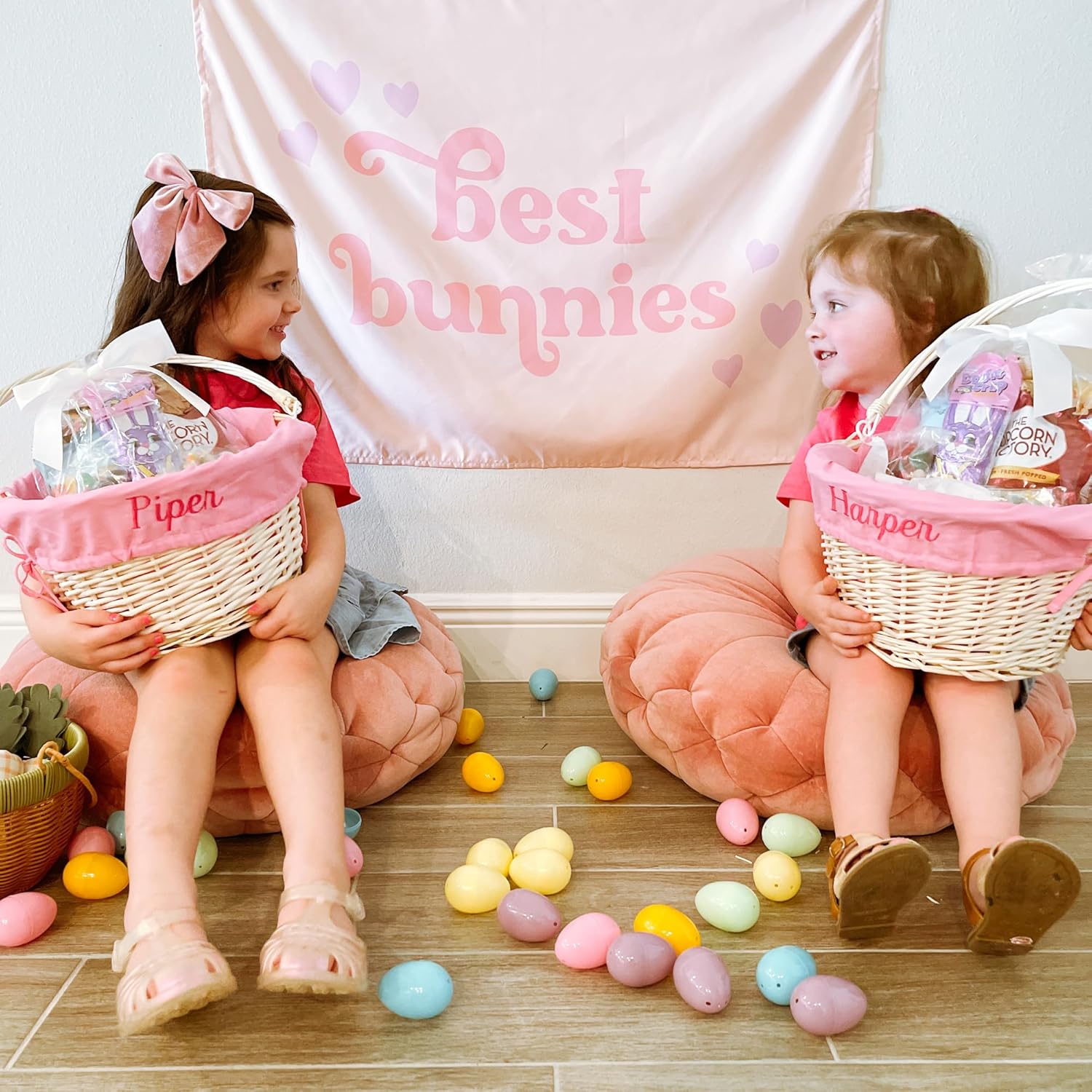 Personalization Universe Personalized Classic Easter Basket – Embroidered Light Blue Basket Liner – Custom Kids Easter Gift – Hand-Woven Basket with Folding Handle