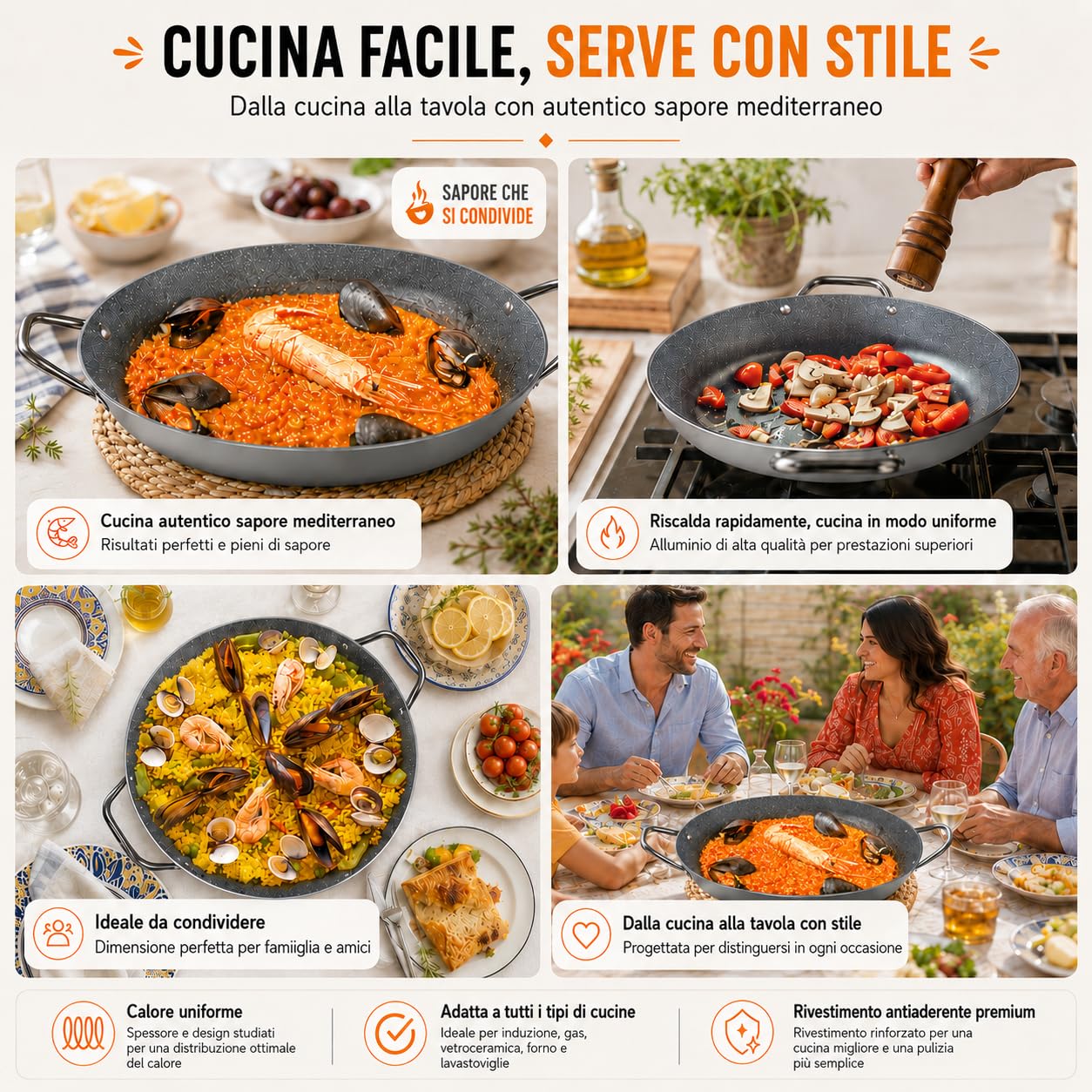 TEHORNEO Padella per Paella, Paellera Induzione 34 cm in Alluminio Antiaderente 5-6 porzioni, Paellera, Paella, Padella Paella, Pentola per Paella, Pentola Paella, Padella per Paella Induzione 34 cm