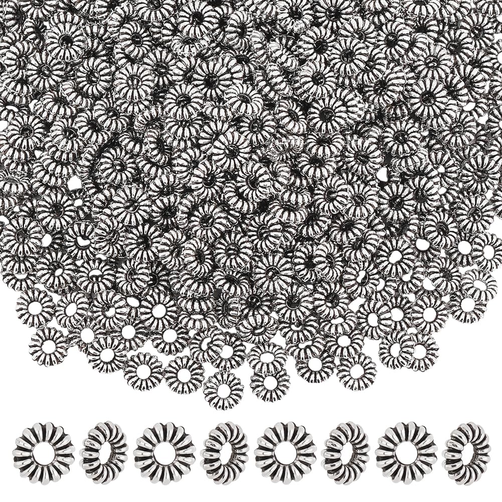 HOBBIESAY 600Pcs Tibetan Flower Spacer Beads 6mm Flat Rondelle Antique Silver Alloy 1.8mm Hole for DIY Bracelets Earrings Necklaces Jewelry Making Antique Silver