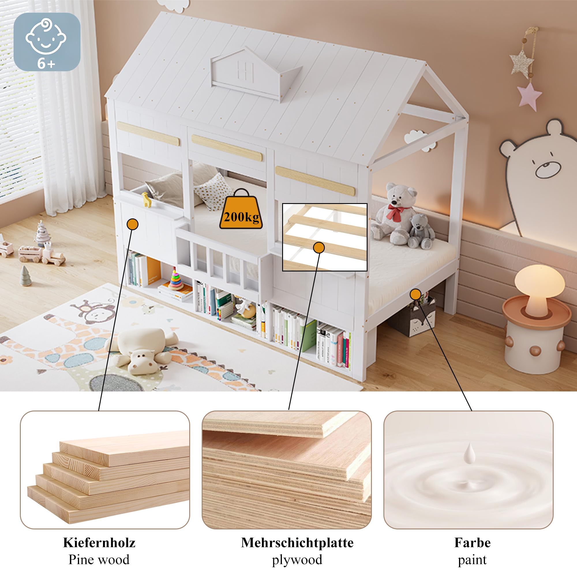 Letto Casetta per Bambini 90x200cm con Libreria e Finestre, Strutture letto in Legno di Pino, Rete a doghe(Nessun materasso