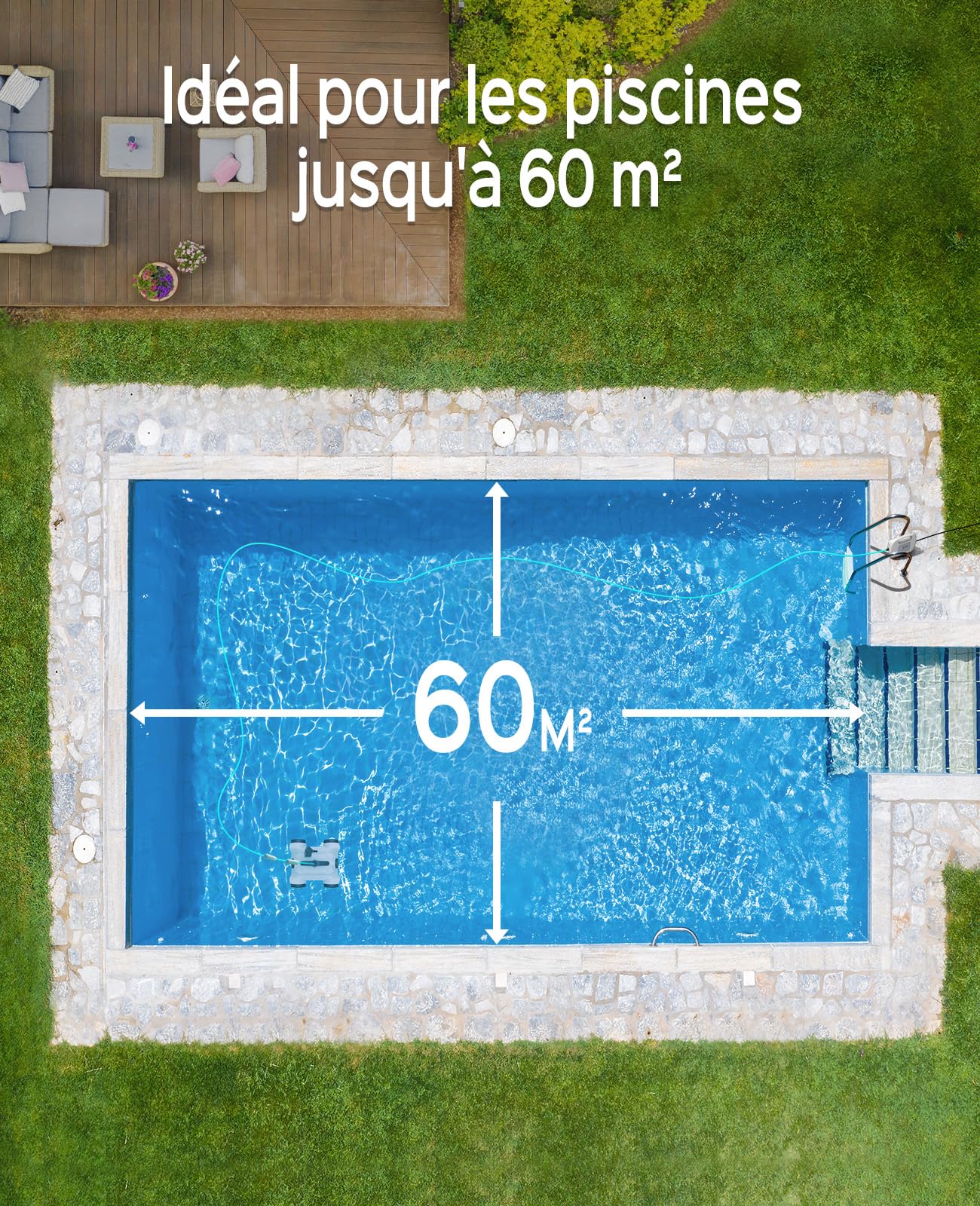 WYBOT Grampus 400 Robot Piscine, Super Aspiration 150W, Double Moteur, 3 Options de Durée de Travail, Angle de Buse Réglable, Adapté aux Piscines à Fond Plat