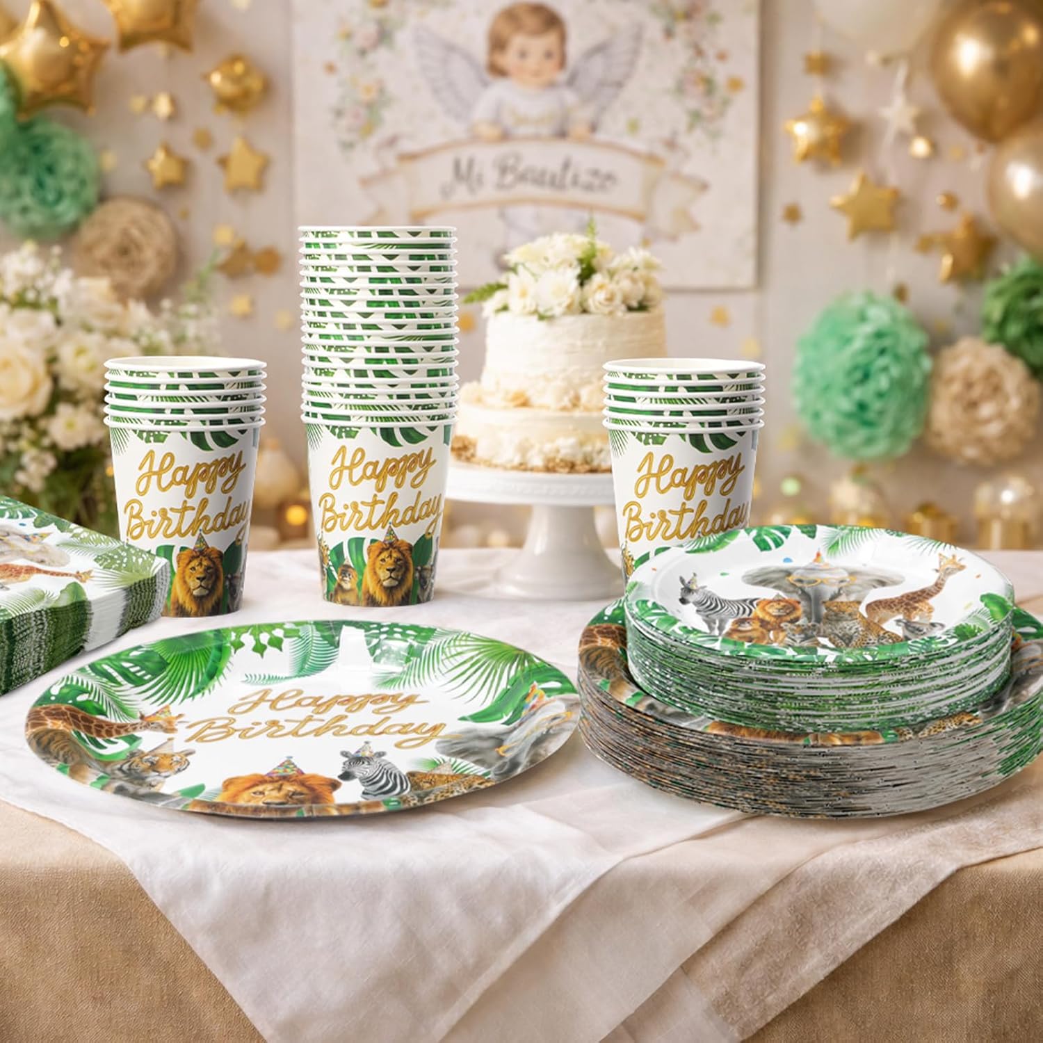 Ziliny 250 Pcs Safari Birthday Decorations for 50 Guest, Jungle Animals Paper Plates Zoo Napkins and Cups for Safari Happy Birthday Party Decoration Wild Animals Lion Tiger Theme Tableware