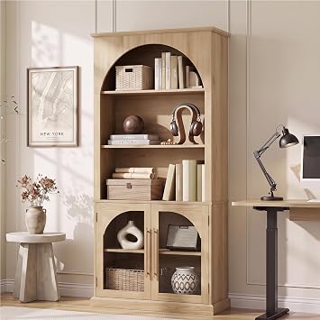 LELELINKY Arched Bookshelf with Tempered Glass Doors, 67" Tall Bookcase | Farmhouse 5-Tier Book Shelf, Adjustable Shelves, Thick Base, Open Storage Display Cabinet for Living Room,Office, Natural
