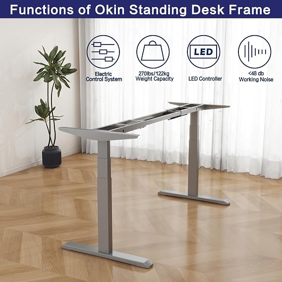 Okin Dual Motor Electric Standing Desk Frame with Memory Controller, Standing Desk Legs Up to 49.3, 3 Stage Rapid Mount Adjustable Desk Legs 270lbs Load Capacity for Home & Office, Silver Frame Only
